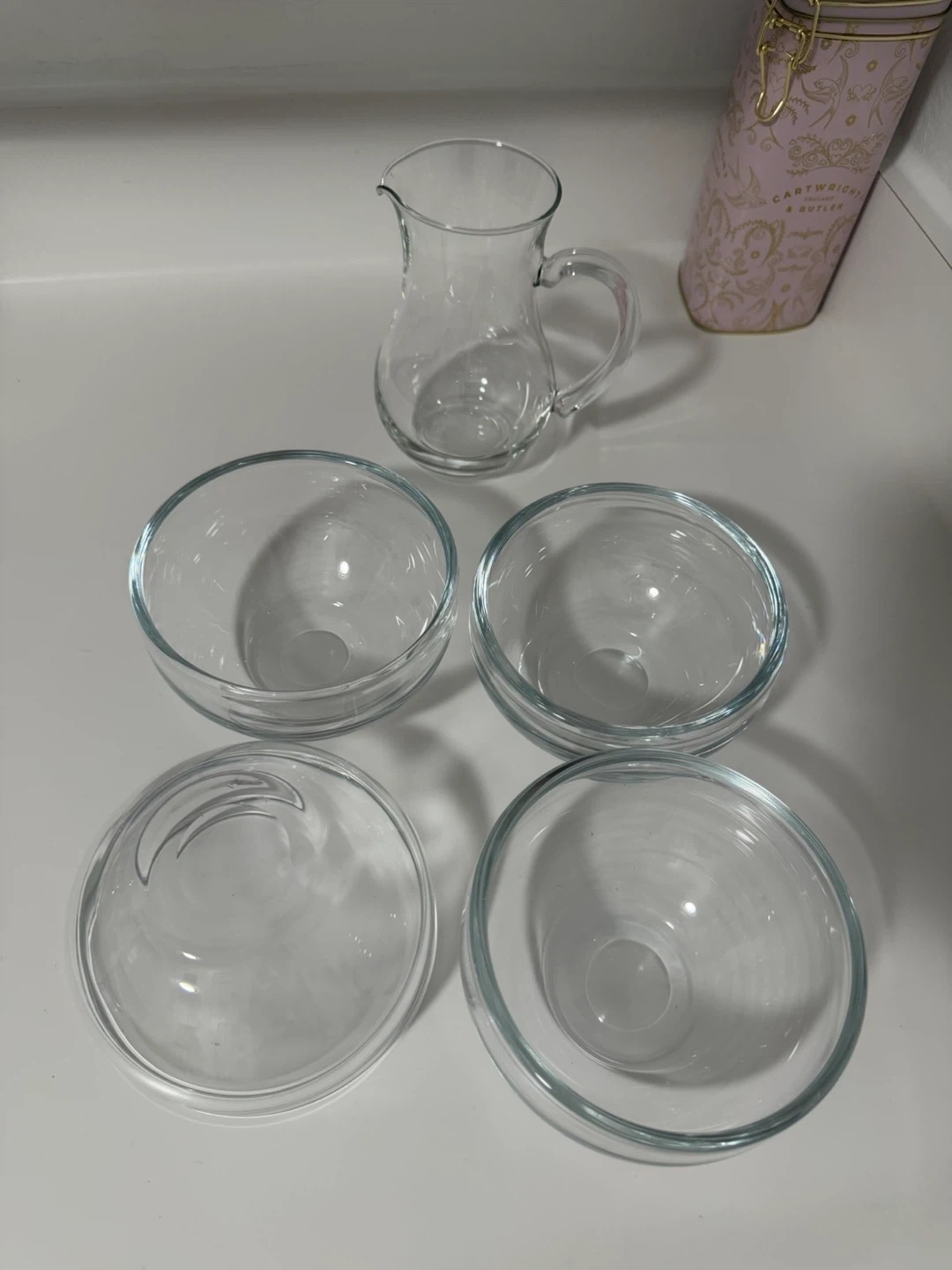 Glass cereal/candy bowls and Glass pitcher