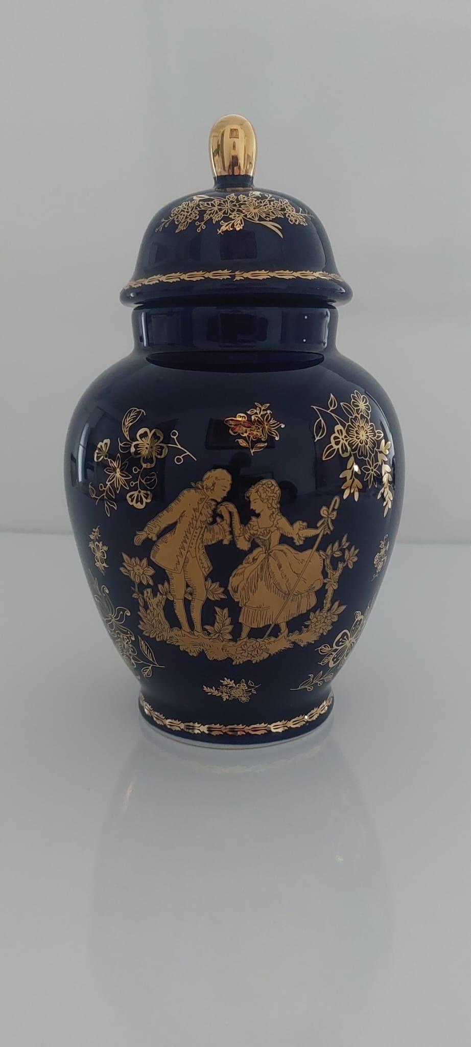 Vintage Cobalt Blue Limoges Porcelain Lidded Ginger Jar