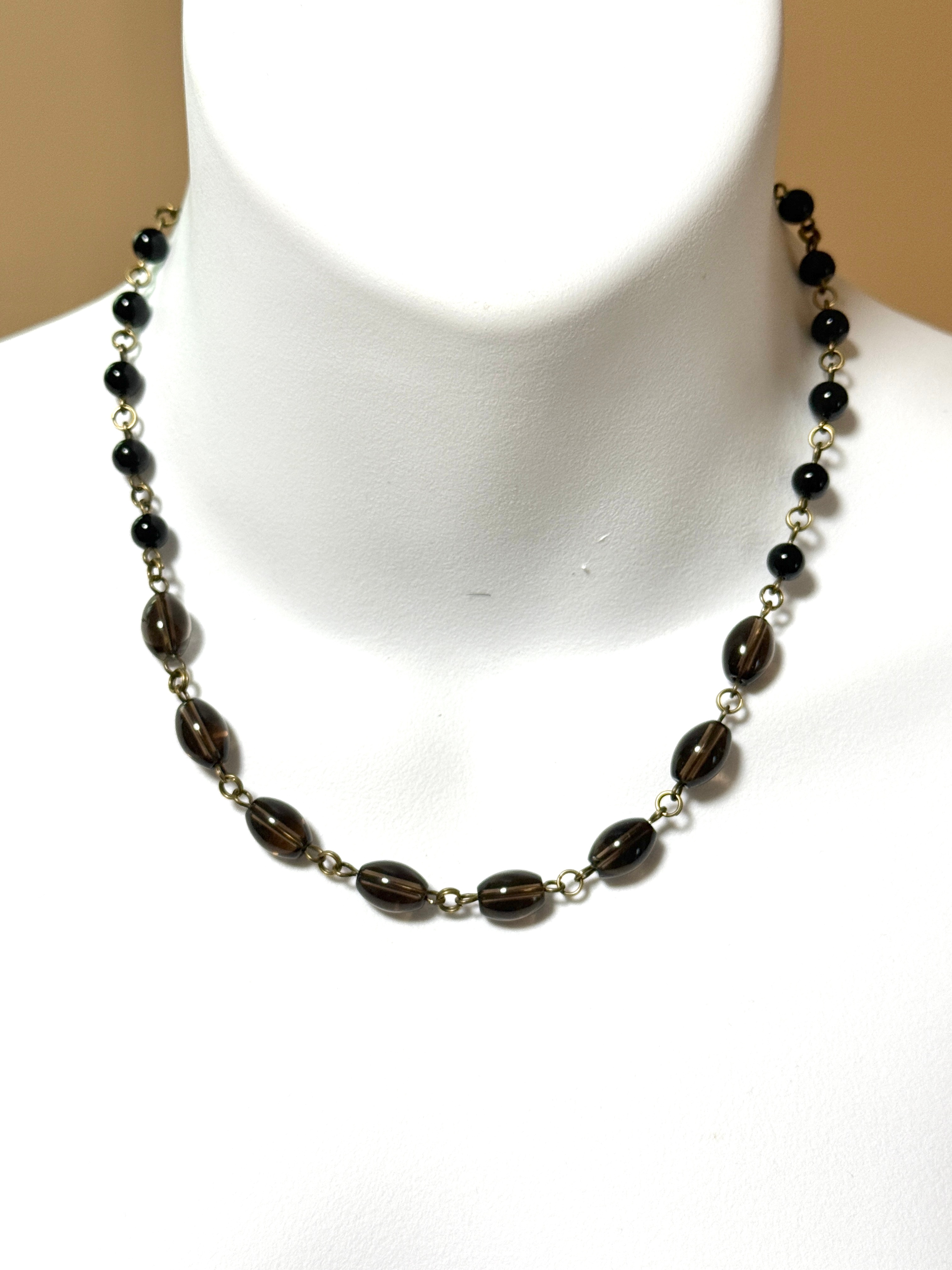 Genuine Smoky Quartz & Black Agate Short Necklace, Bronze Links