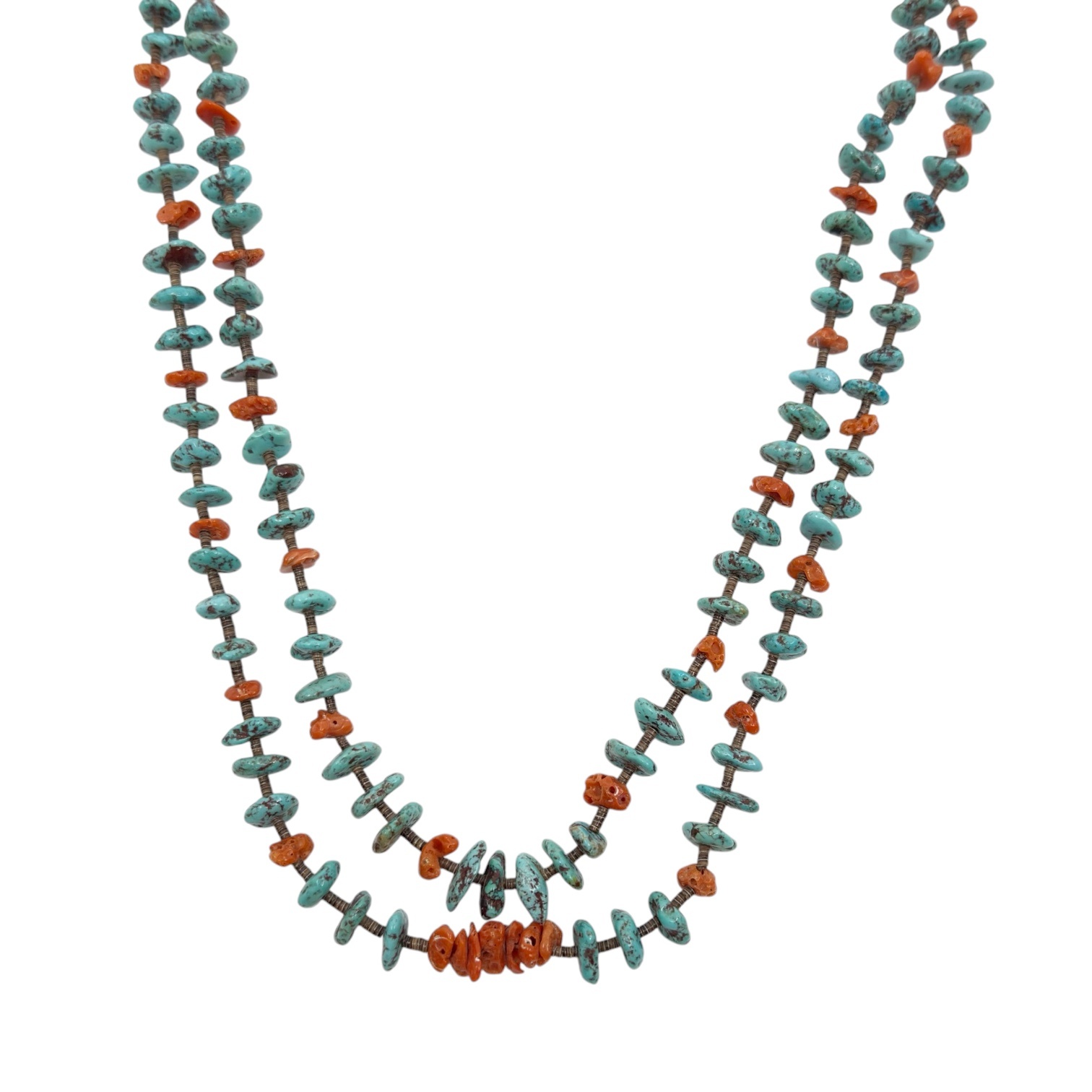 Old Navajo Turquoise Coral Heishi shell bead necklace - photo 5