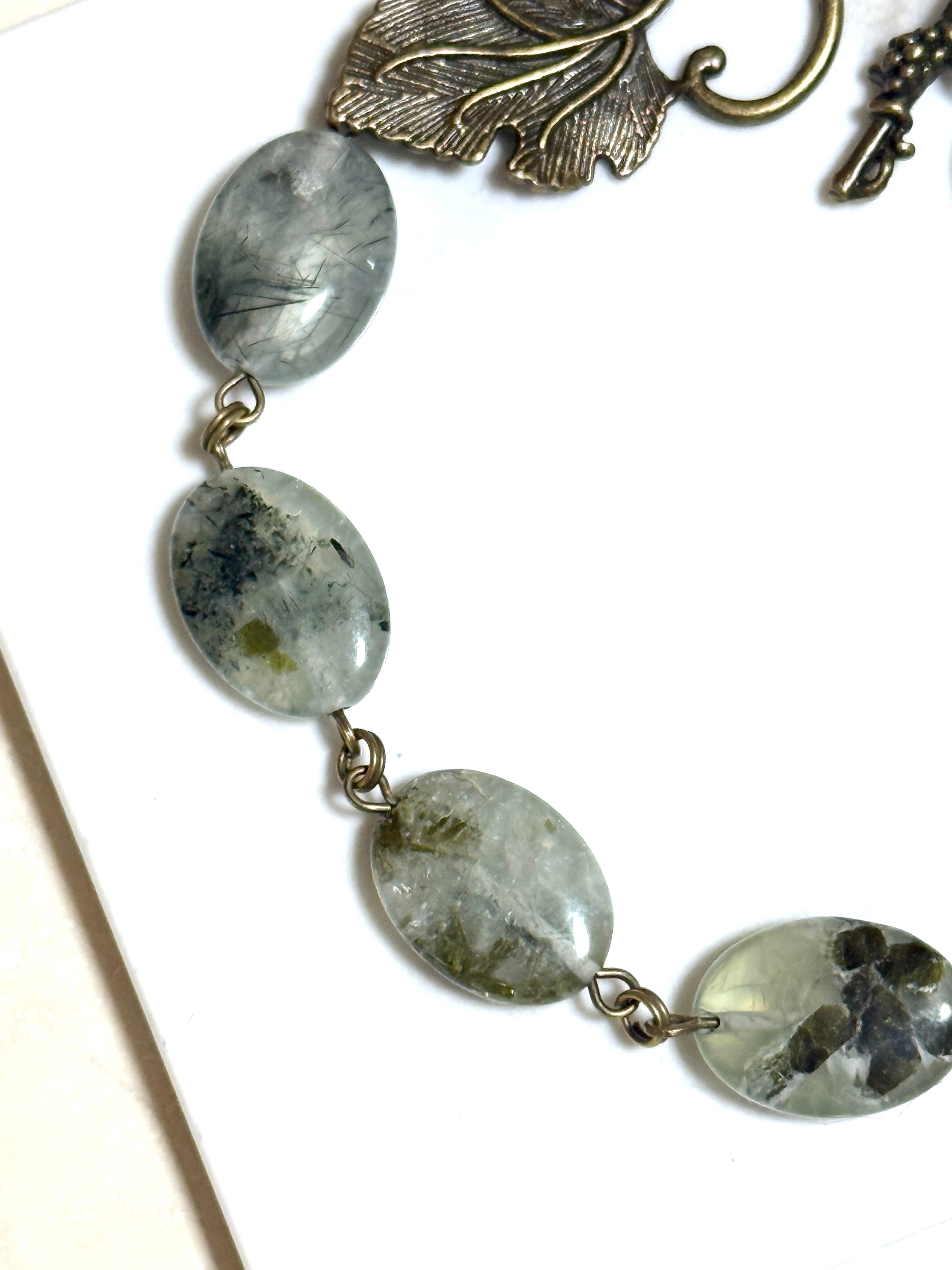 Green Prehnite Bracelet, Bronze Grape Leaf Toggle - photo 5