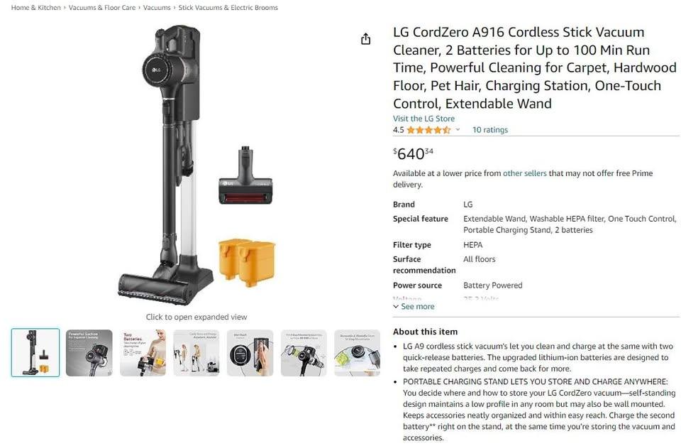 Vacuum, Cordless Stick Vacuum Cleaner, LG CordZero , 2 Batteries
