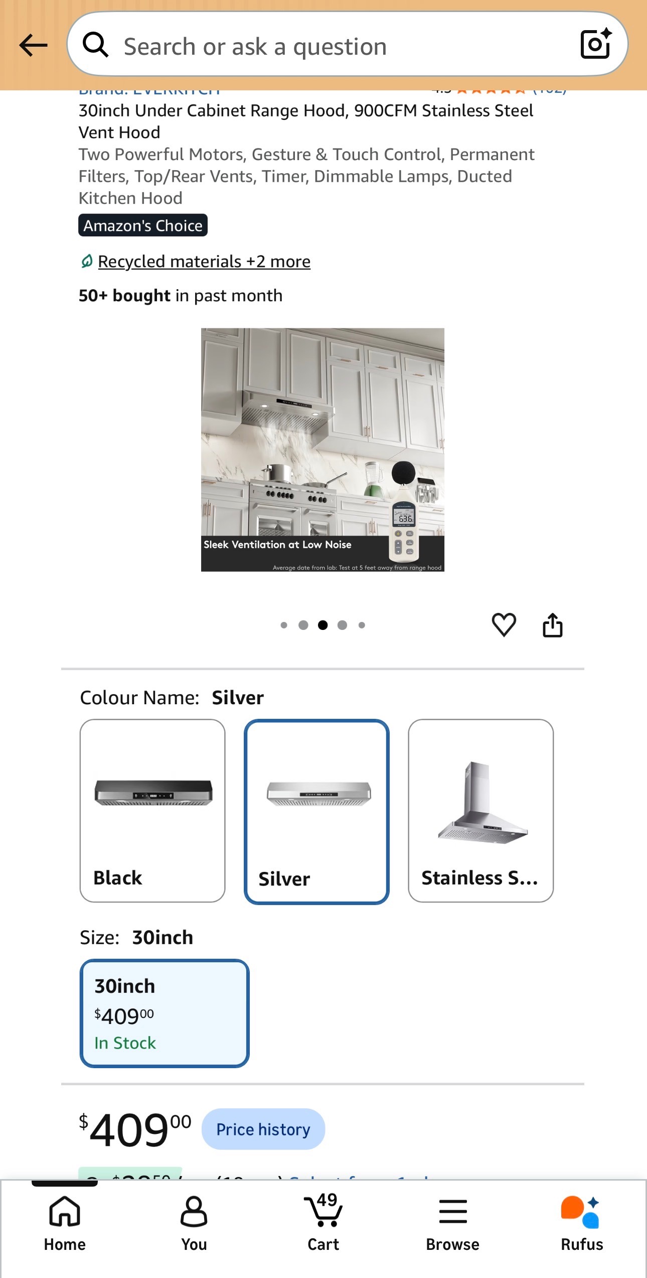 NEW: Range Hood Stainless Steel 30" Touch Control Top/Rear Vents