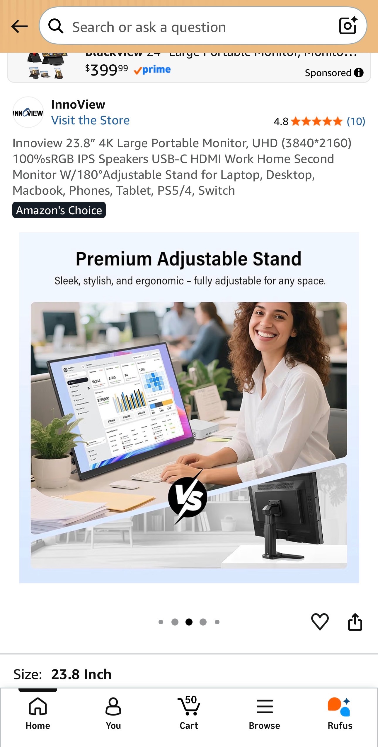 24” 4K Portable Monitor UHD 100%sRGB IPS Speakers USB-C/HDMI 180