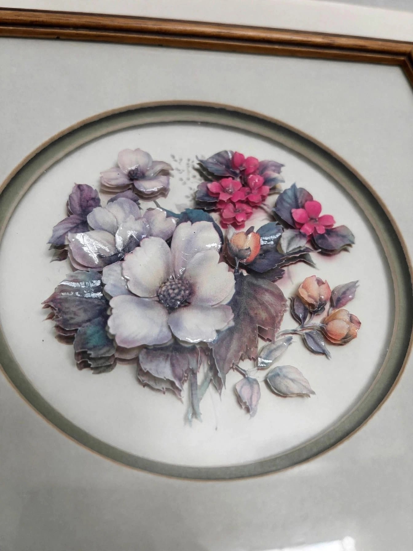 Vintage 3D Floral Paper Tole Framed Art White Pink Bouquet - photo 3
