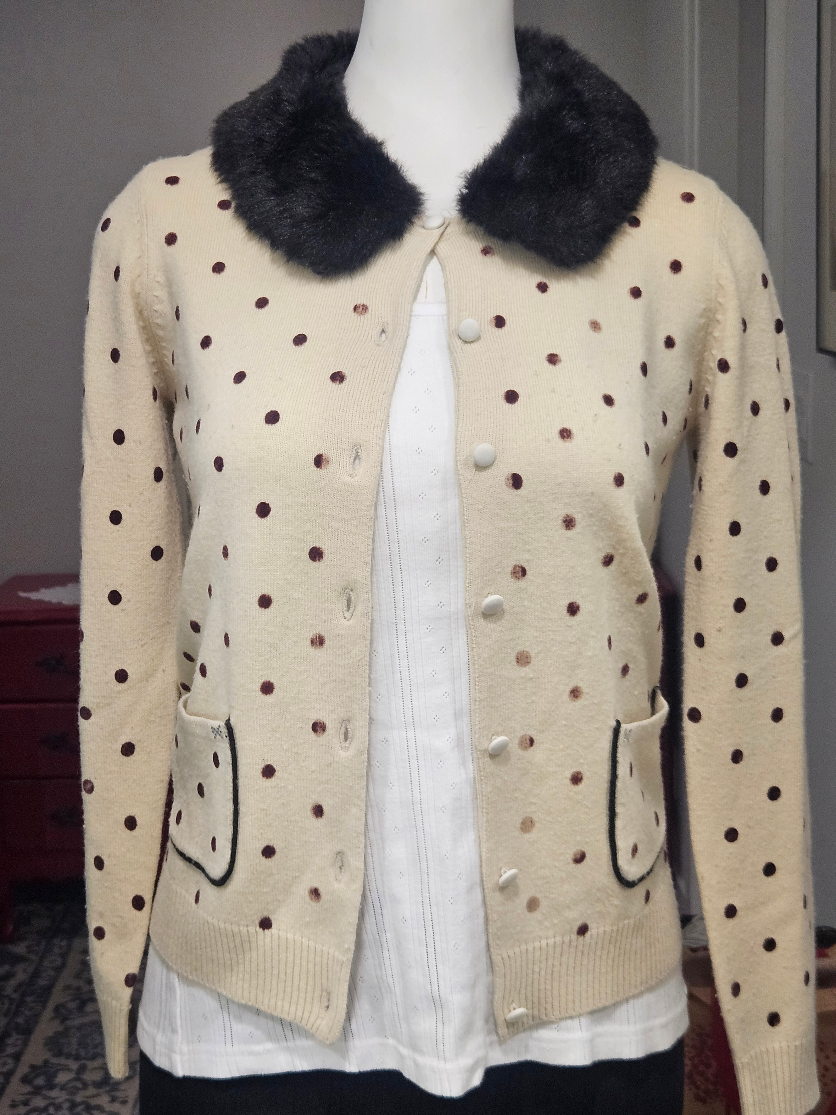 polka-dot cardigan with a faux fur collar