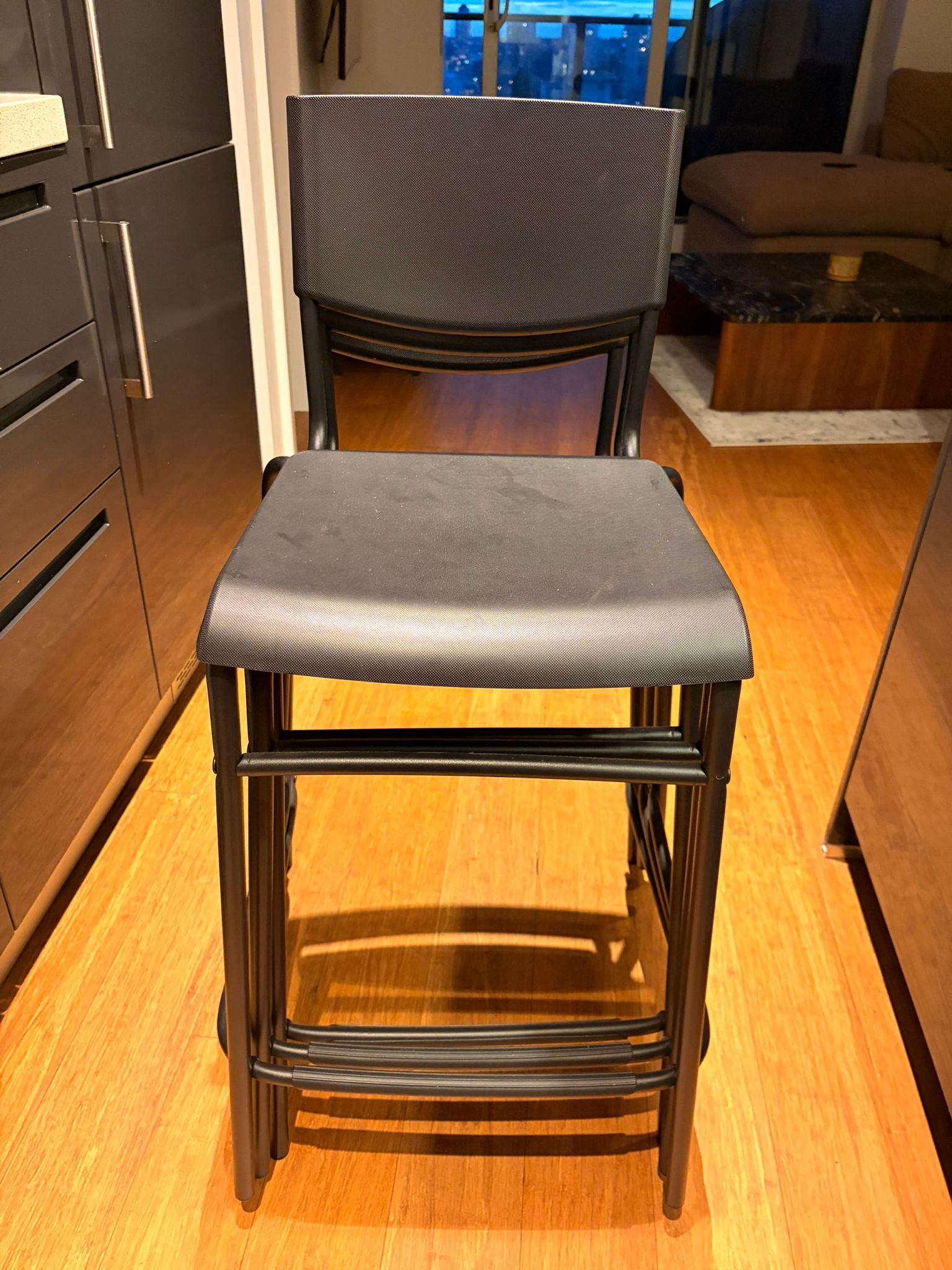 Set of 3 Stackable Counter-Height Stools - Black Metal & Fabric - photo 2