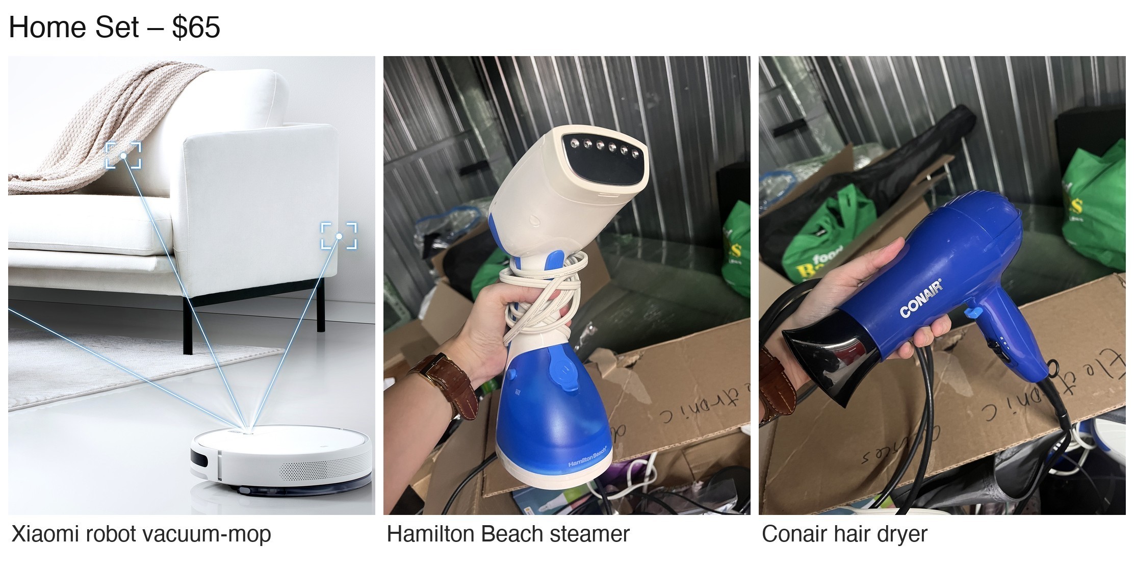 Home Set: Robot Vacuum + Garment Steamer + Hair Dryer – $65