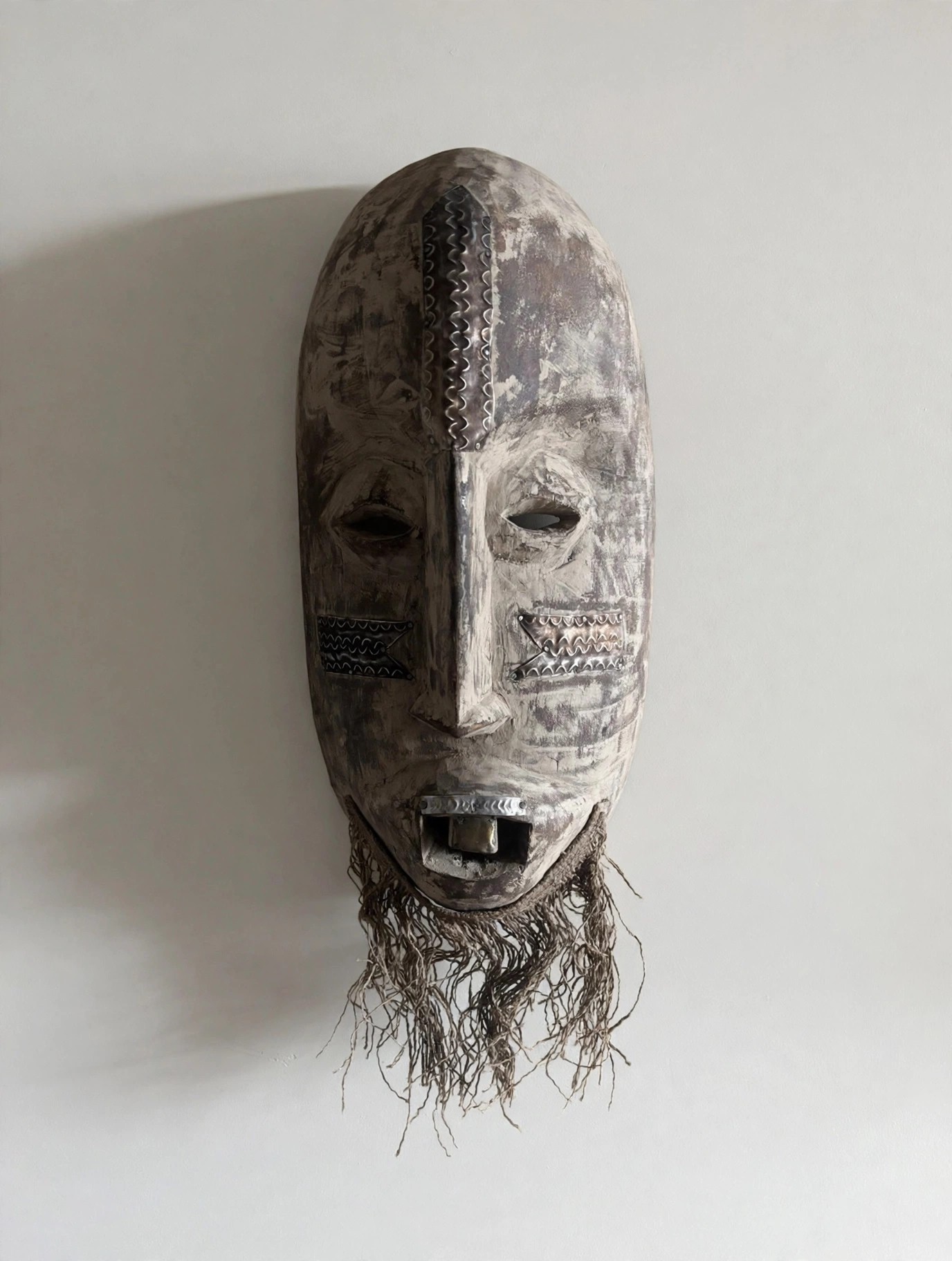 Large 18in Tribal Mask, Metal Plated with Nails, Beard