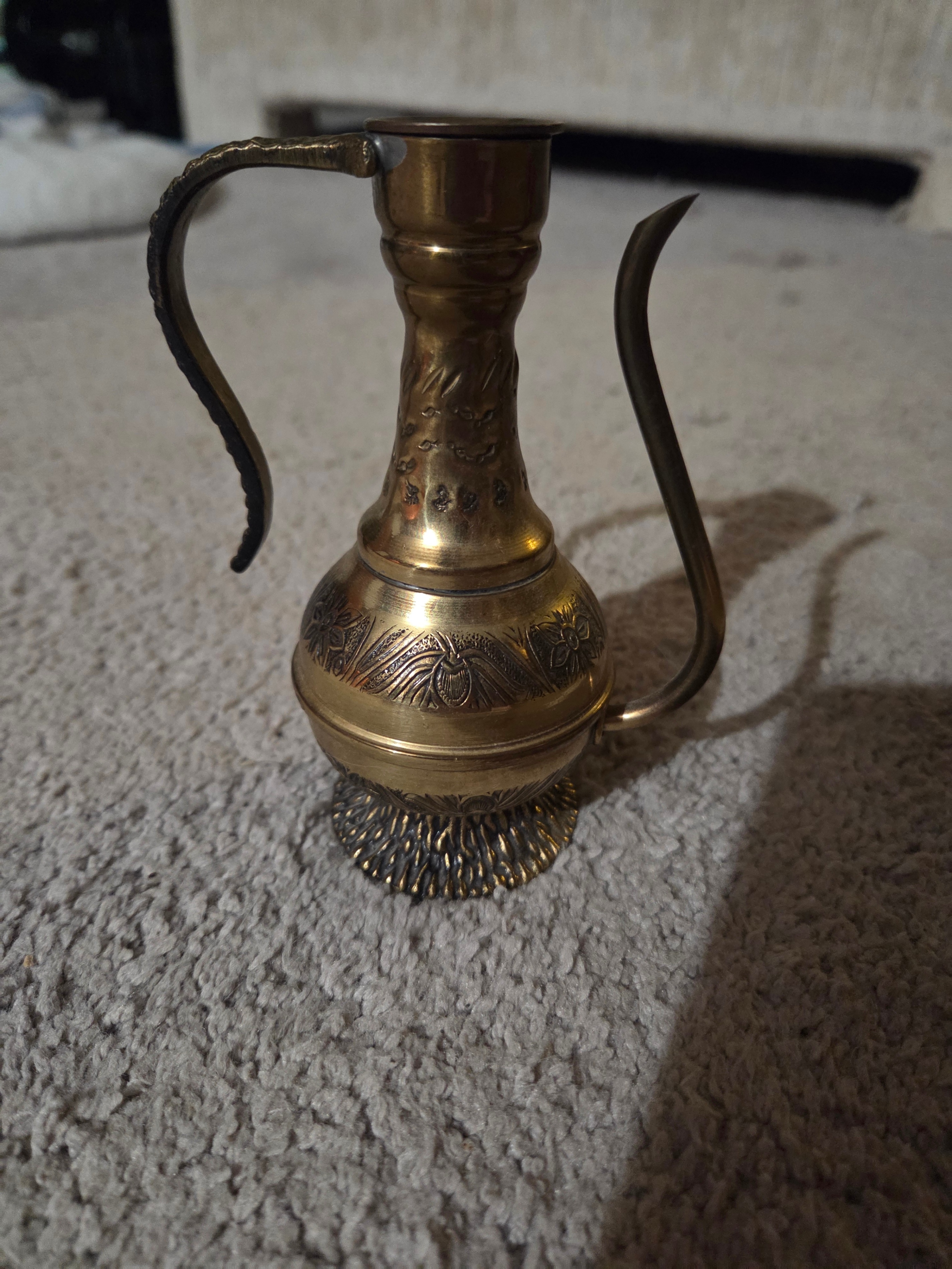 Vintage 5" Hand-Etched Brass Miniature Pitcher / Ewer, Floral