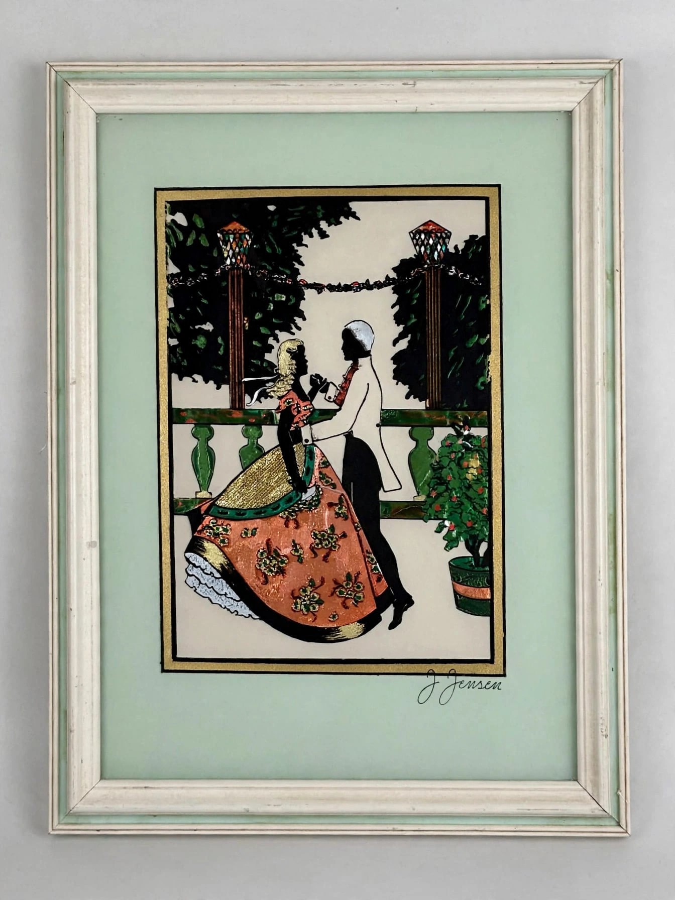1940s J Jensen Foil Silhouette Art Vintage Framed