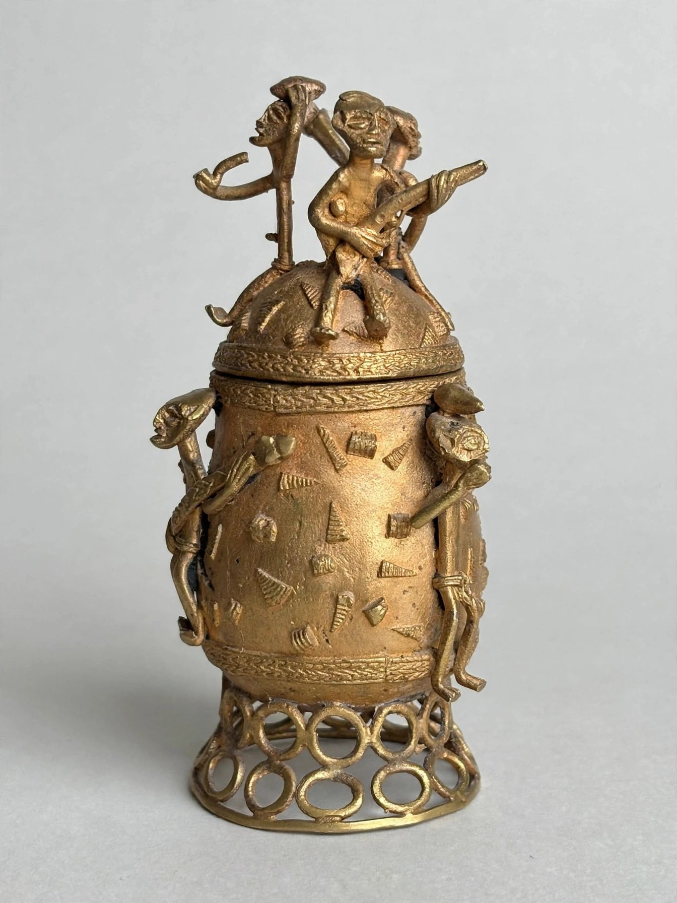 African Brass Kuduo Vessel Lidded Figural Cast Tribal Art - photo 3