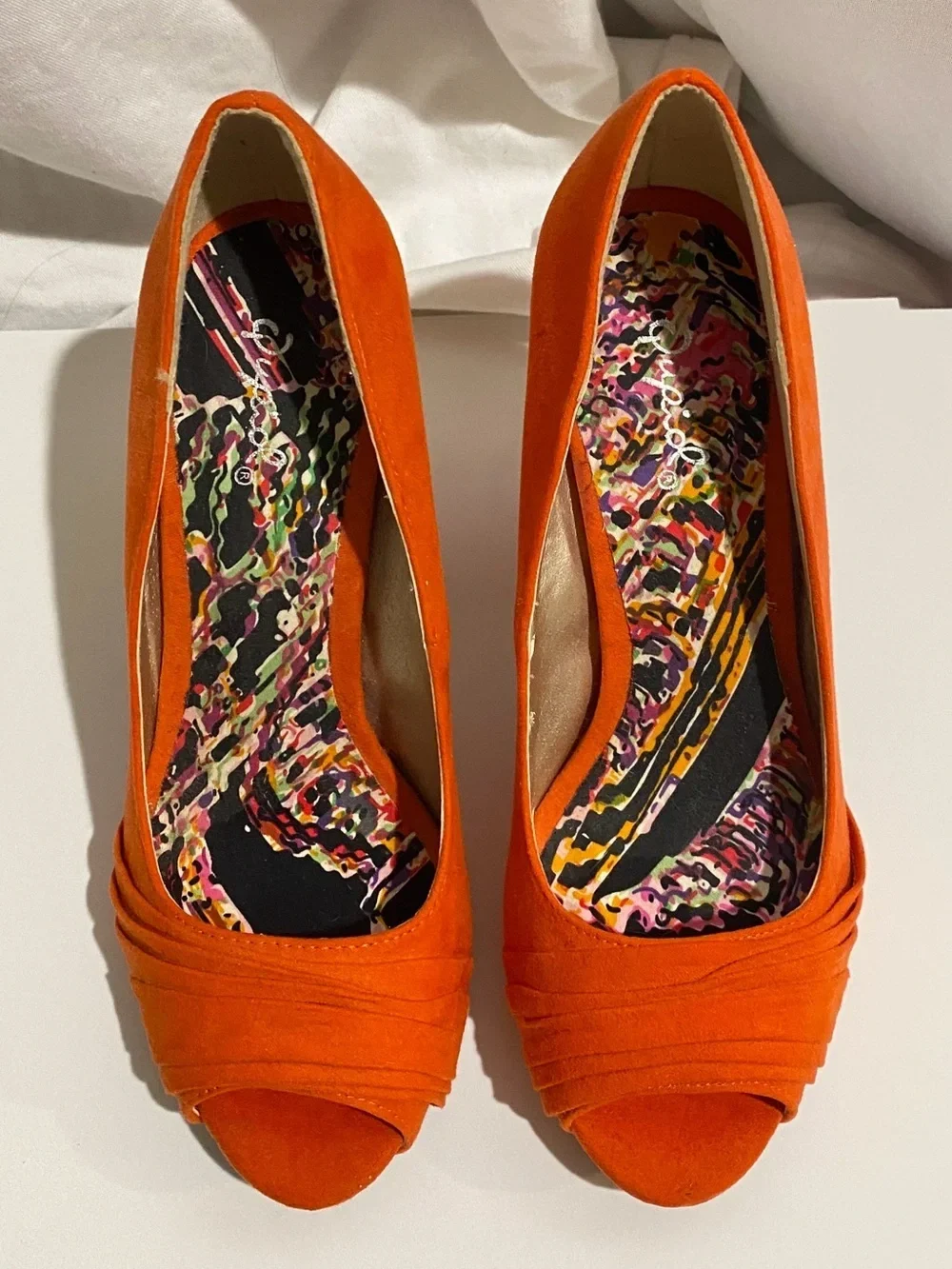 Qupid Women's 7 Orange Stilettos Peep Toe Platform Heels