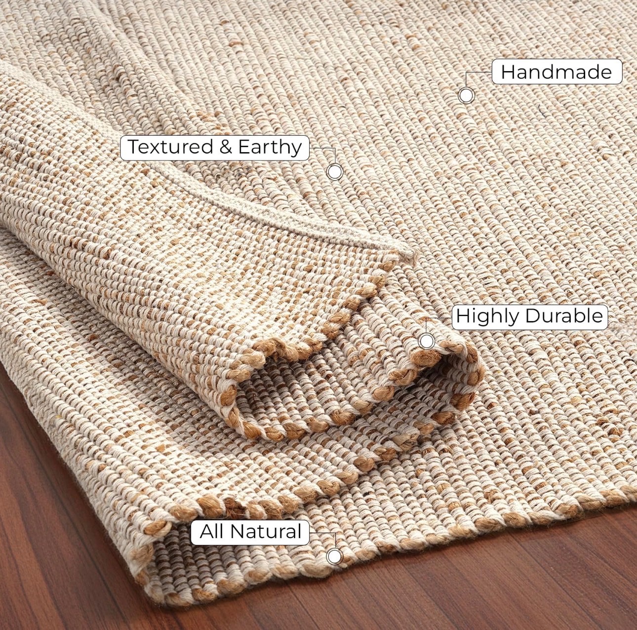 Jute Cotton Area Rug 6X9' Natural Handcrafted Vintage - photo 3