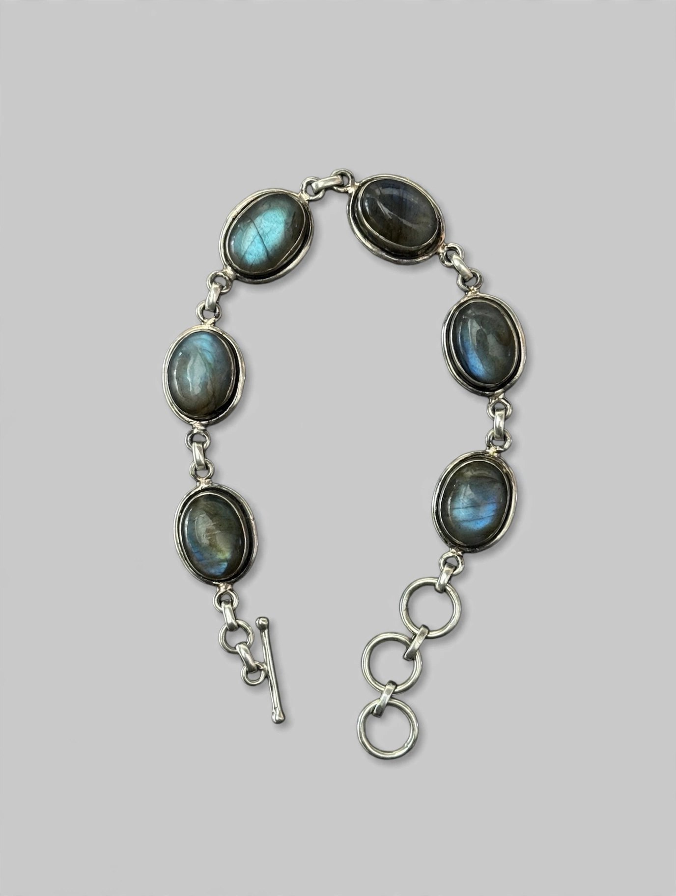 925 Sterling Silver Labradorite Oval Link Bracelet Toggle Clasp - photo 3