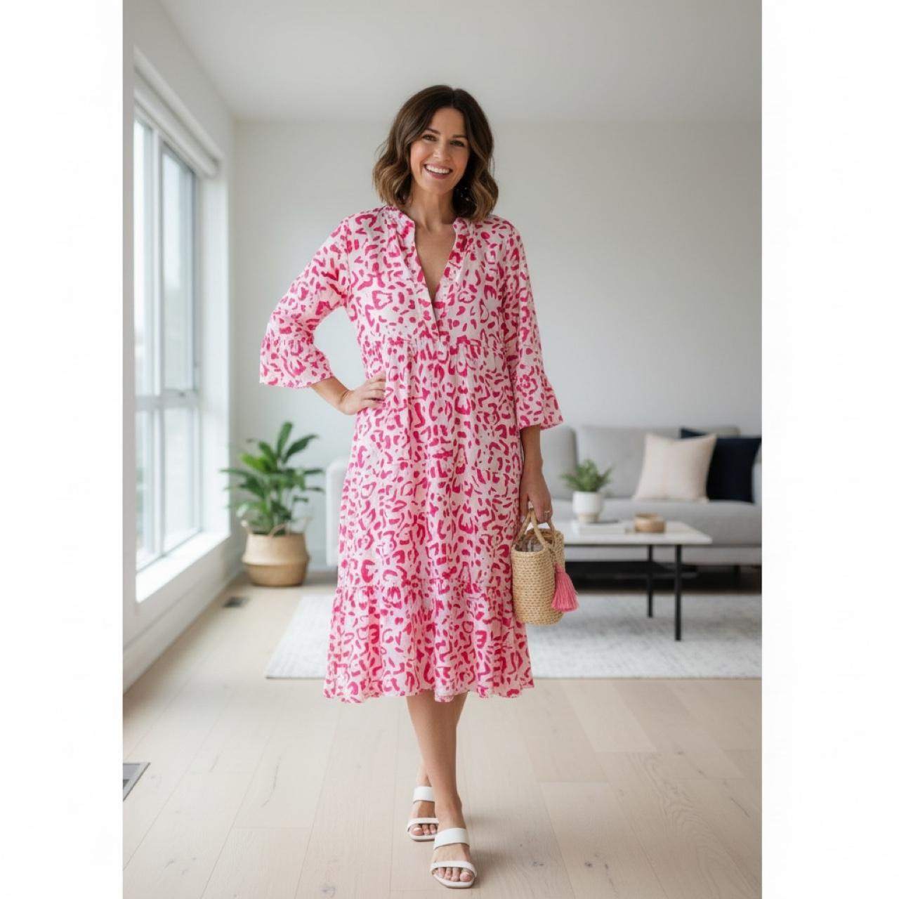 Pink White Floral Midi Dress – Size L – Brand New