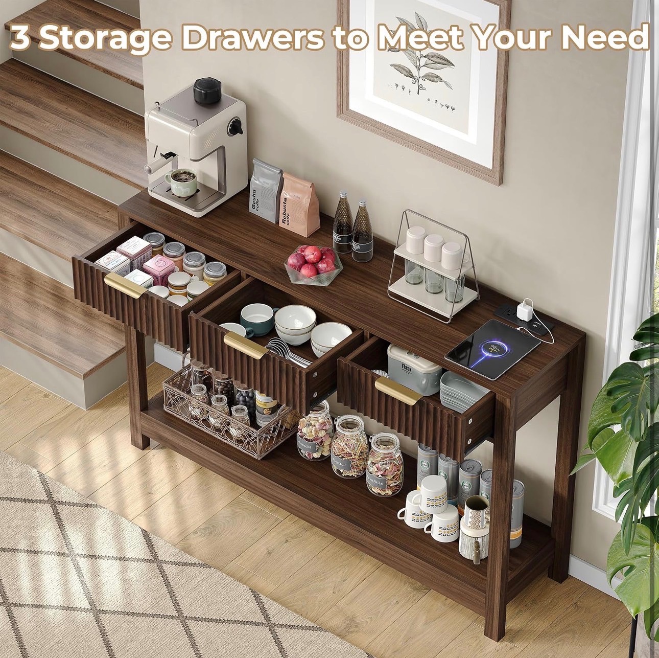 SEALED: Wood Table 3 Drawers Curved Profile Storage Shelves - photo 4