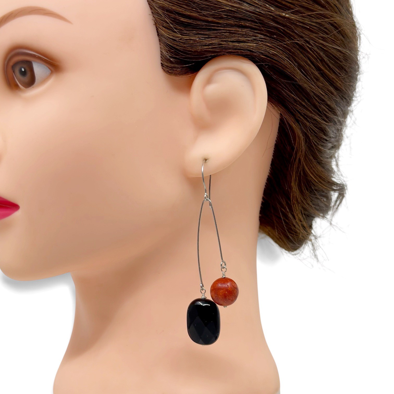 Hand Made sterling silver onyx & coral earrings - GM7 - photo 3