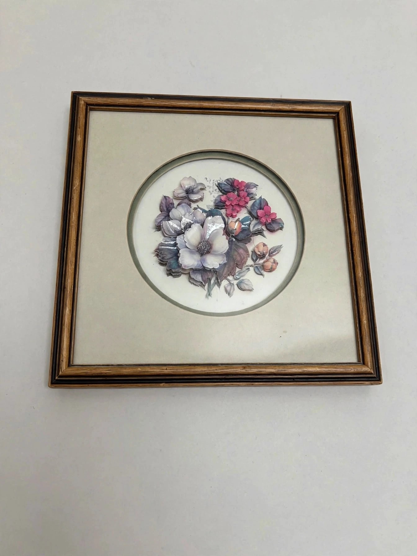 Vintage 3D Floral Paper Tole Framed Art White Pink Bouquet