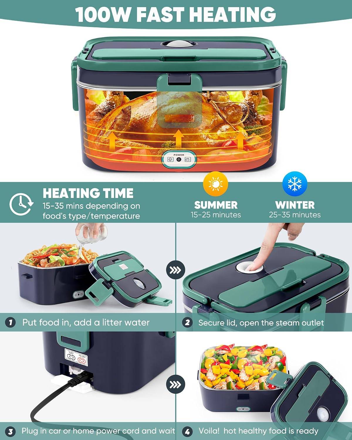Electric Lunch Box Food Heater 100W 1.8L Stainless Steel - photo 3