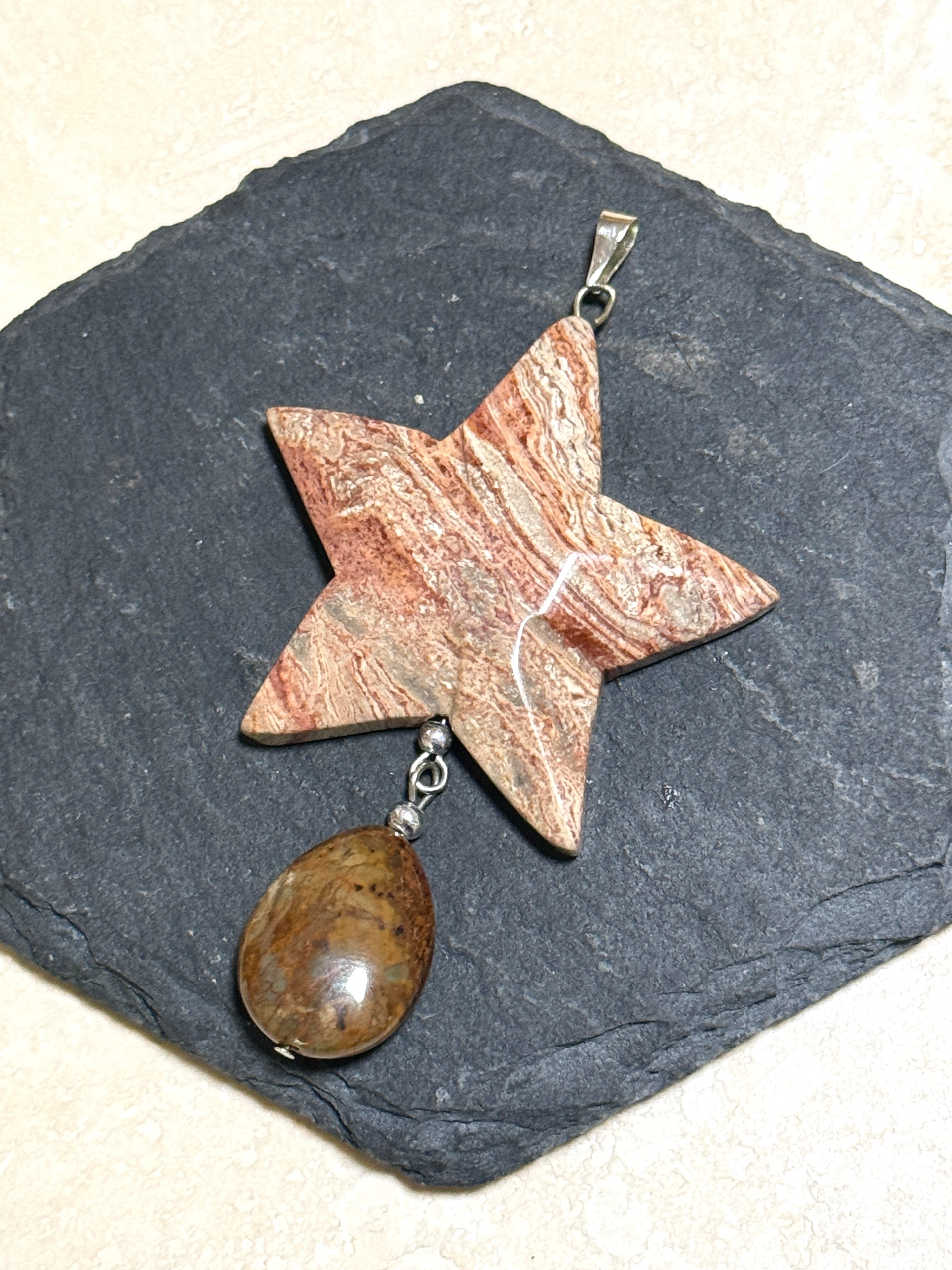 Large Earthy Crazy Lace Agate Pendant, Gemstone Star Pendant