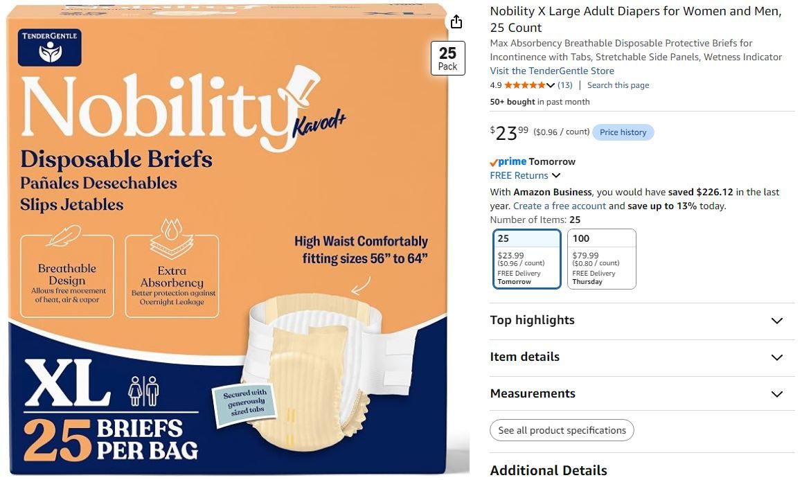 NEW~ Nobility Adult Diapers XL – 25 Count – Men & Women - photo 4