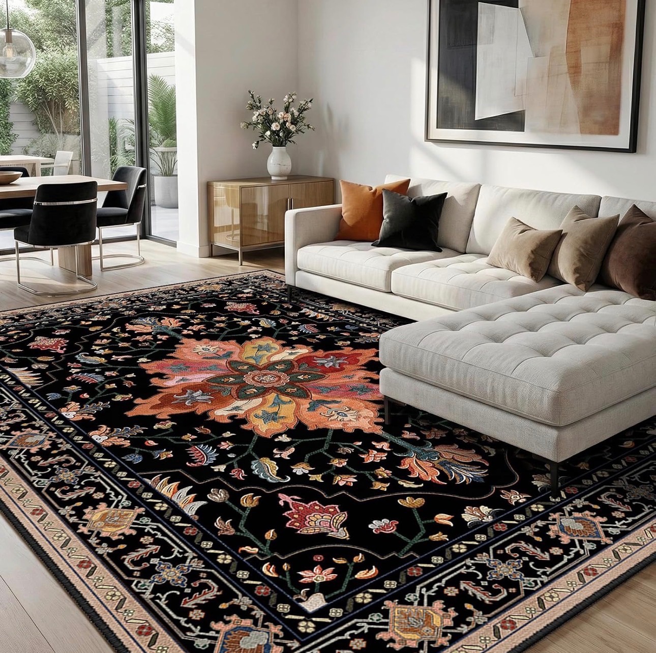 RELEANY Area Rug 8x10' Floral Washable Soft Print Black Colorful - photo 2