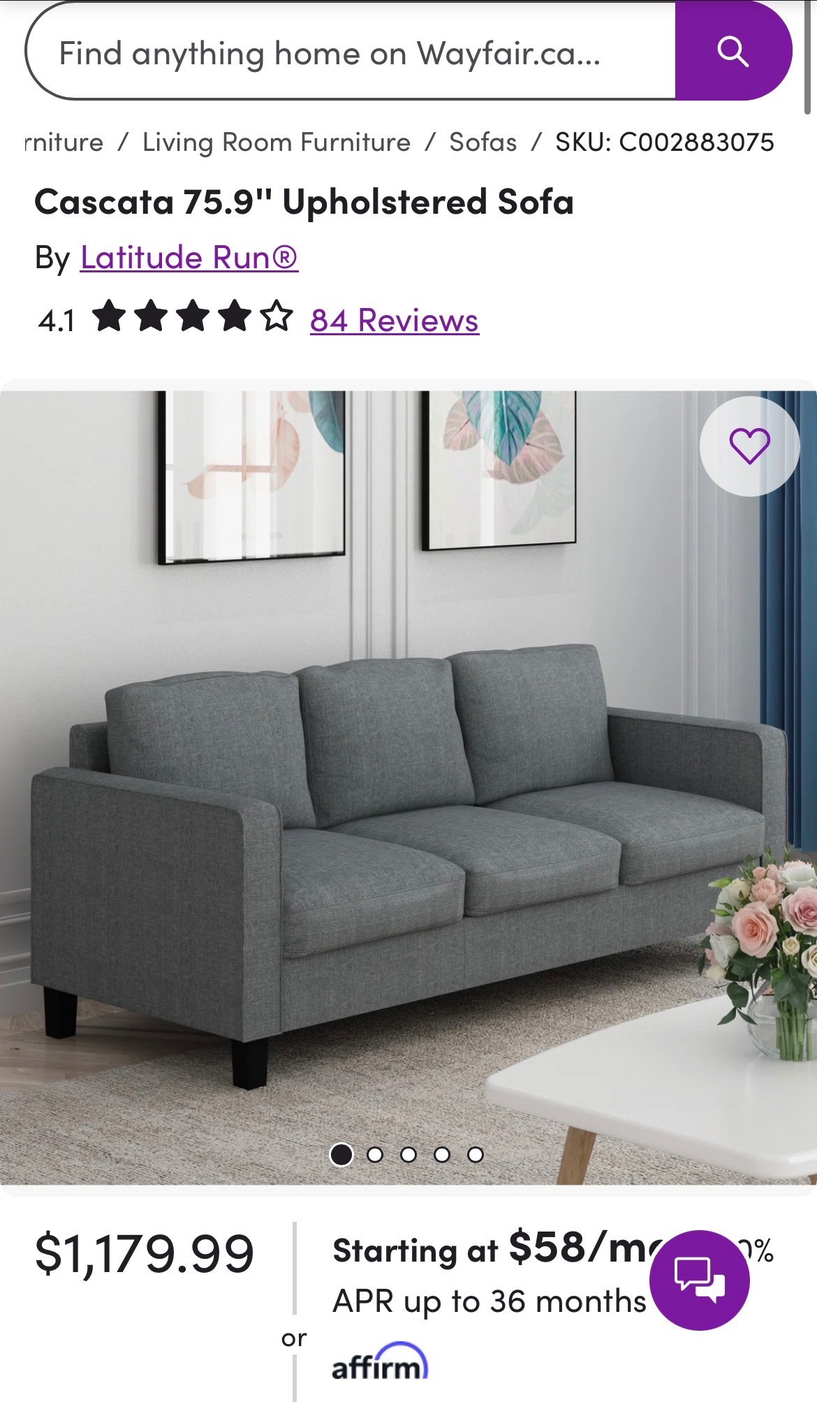 Cascata 75.9'' Upholstered Sofa - photo 2