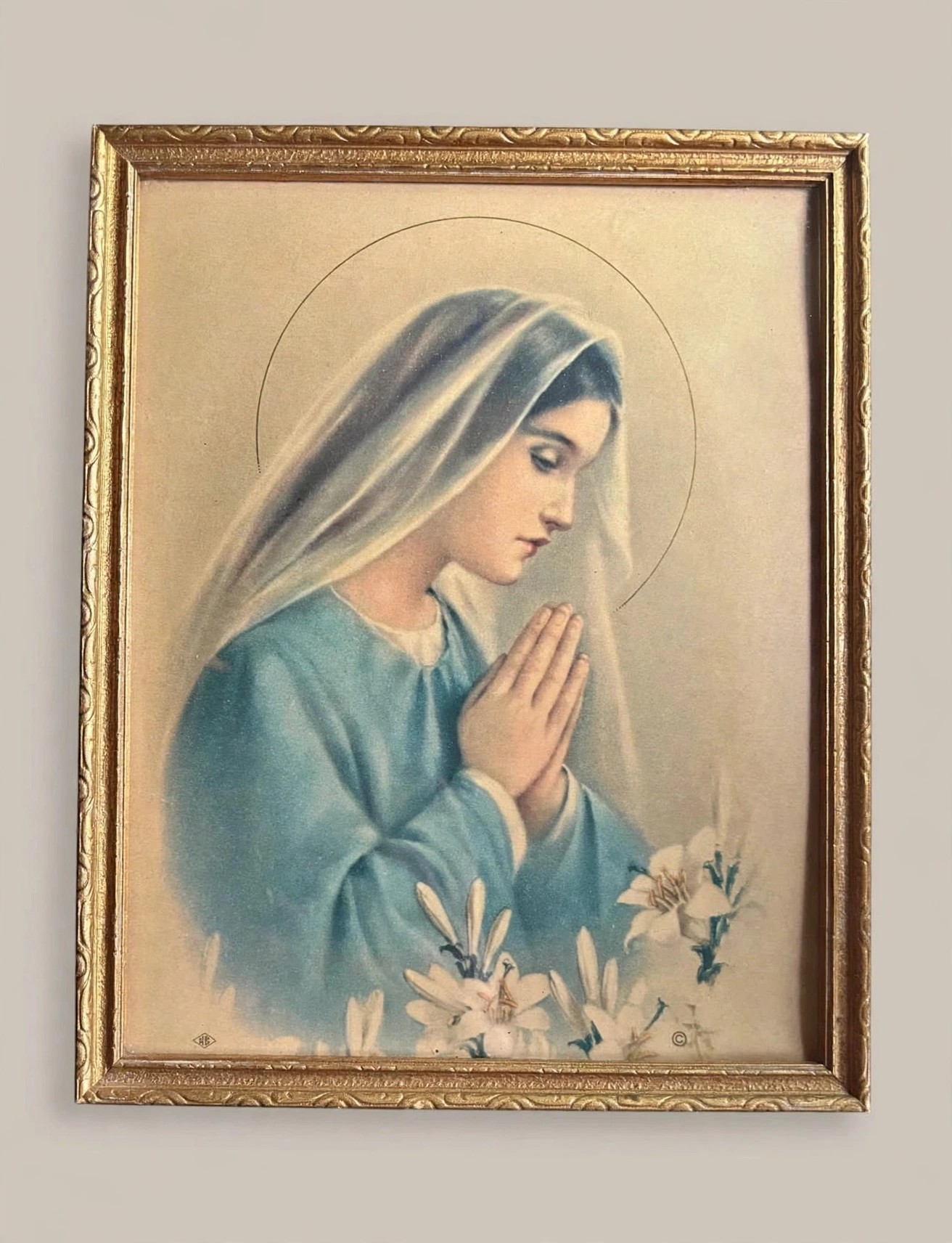 Vintage Blessed Virgin Mary Framed Art Print Gold Ornate Frame