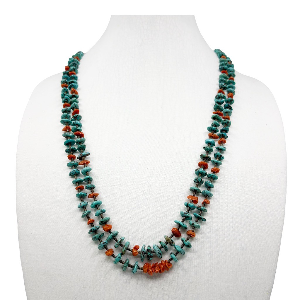 Old Navajo Turquoise Coral Heishi shell bead necklace - photo 3