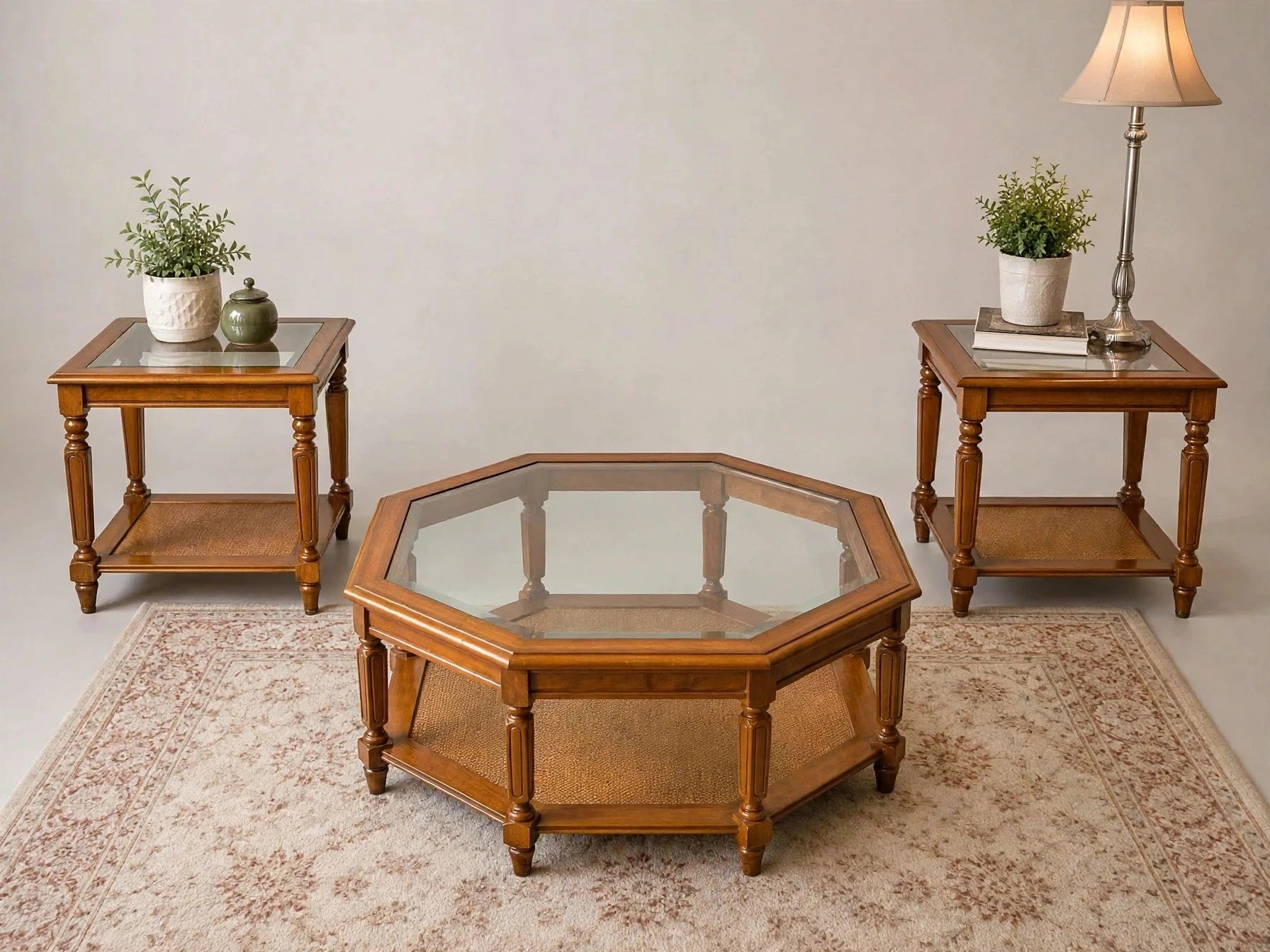 Pecan Wood Coffee Table Set With Glass Tops and 2 End Tables