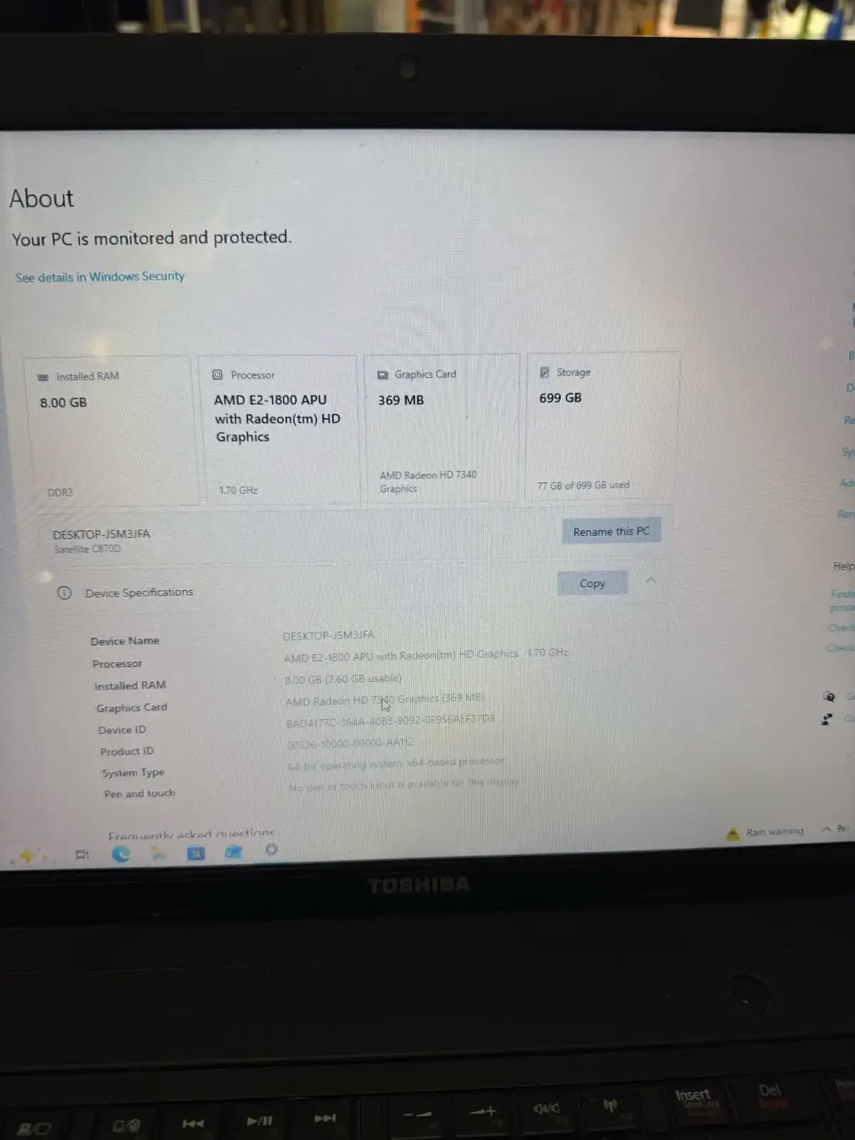 Toshiba Satellite laptop 8gb ram 700gb dead battery firm price - photo 4