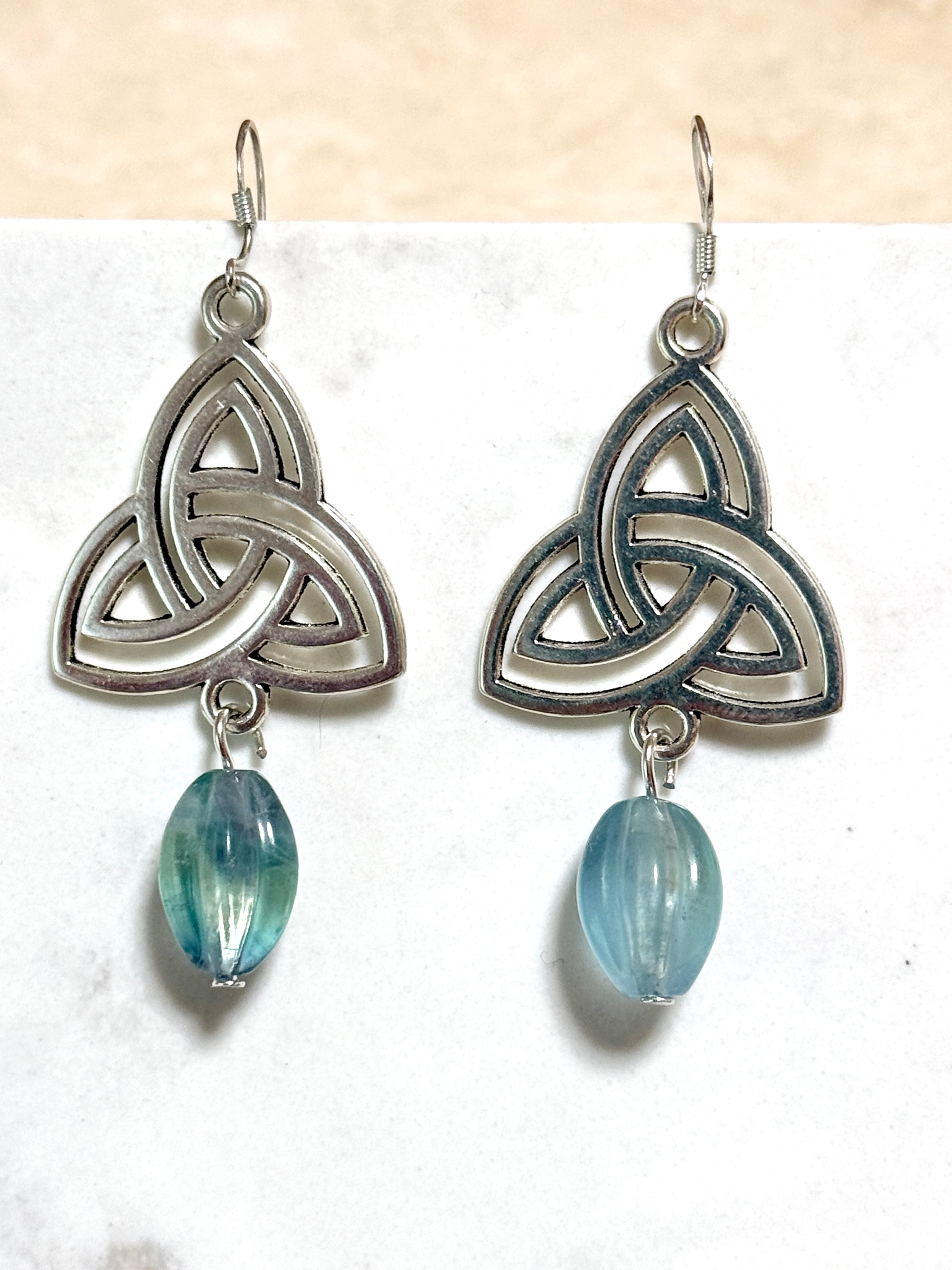 Teal Fluorite Triqueta Earrings, Sterling Silver Hooks