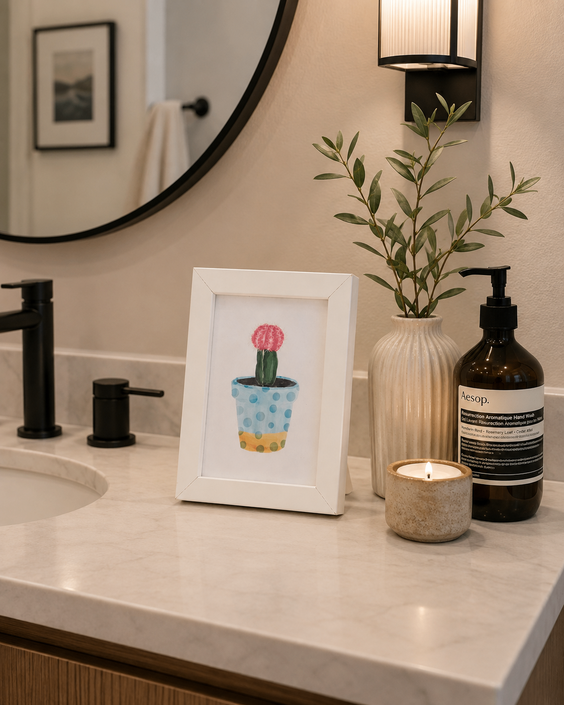 Like New White Framed Watercolor Cactus Print