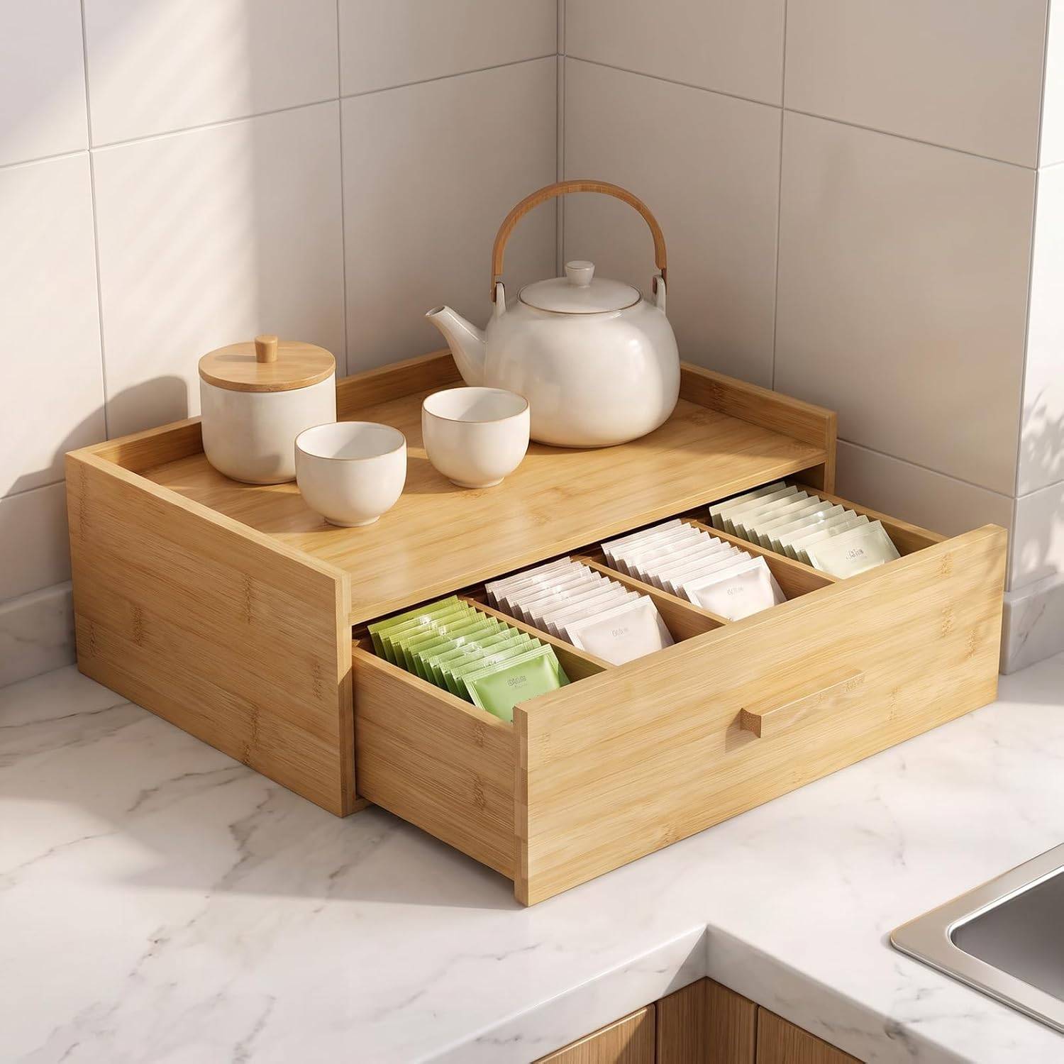 Bamboo Tea Bag Organizer Box with Drawer Oak - photo 5