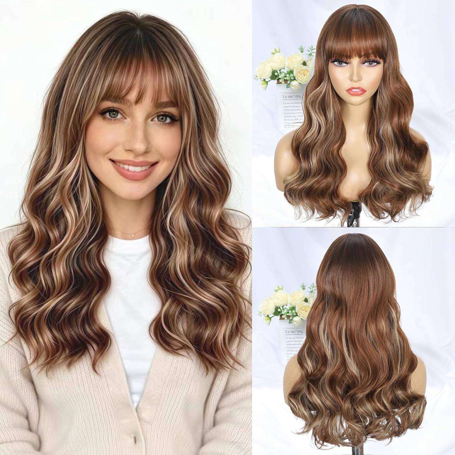 NEW~ Light Brown Wavy Wig with Bangs – 18"