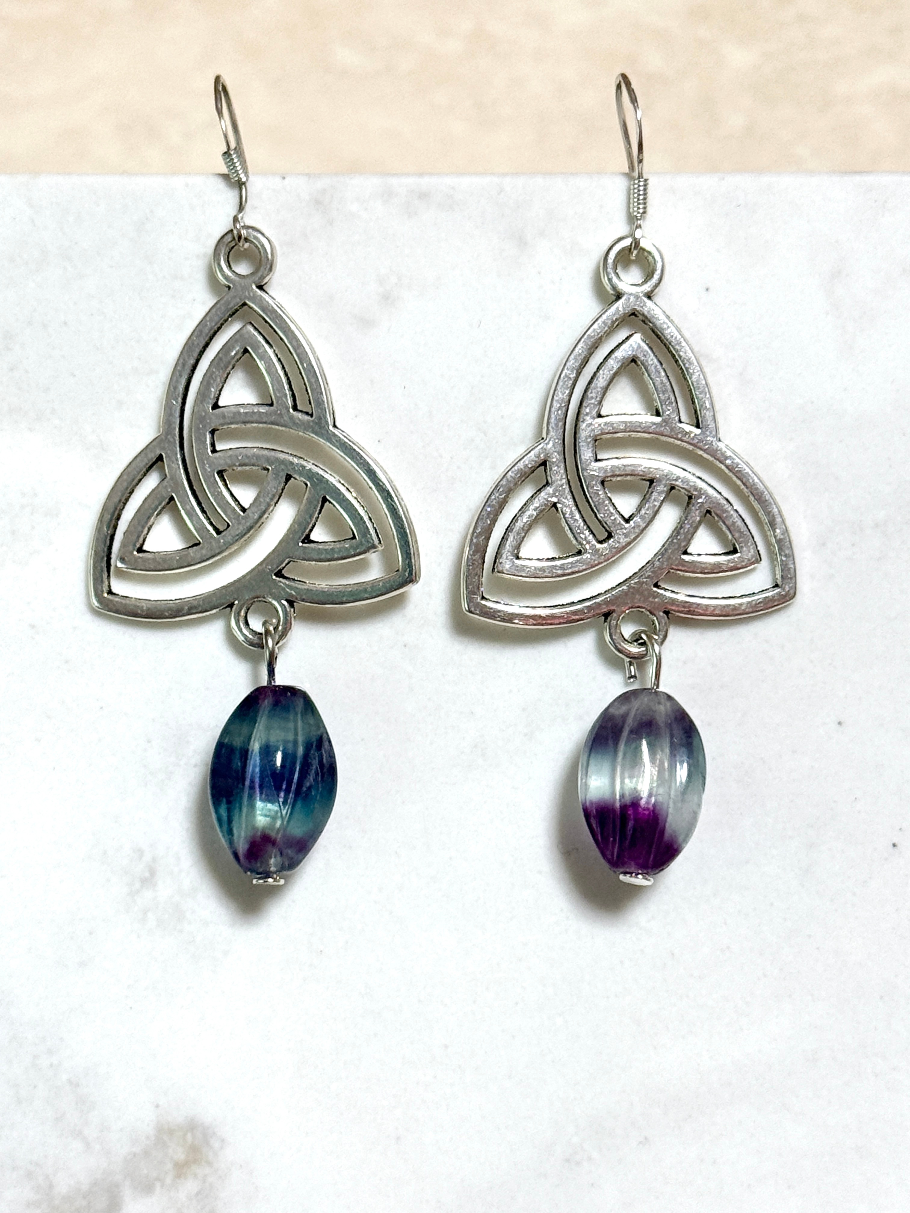 Rainbow Fluorite Triqueta Earrings, Sterling Silver Hooks