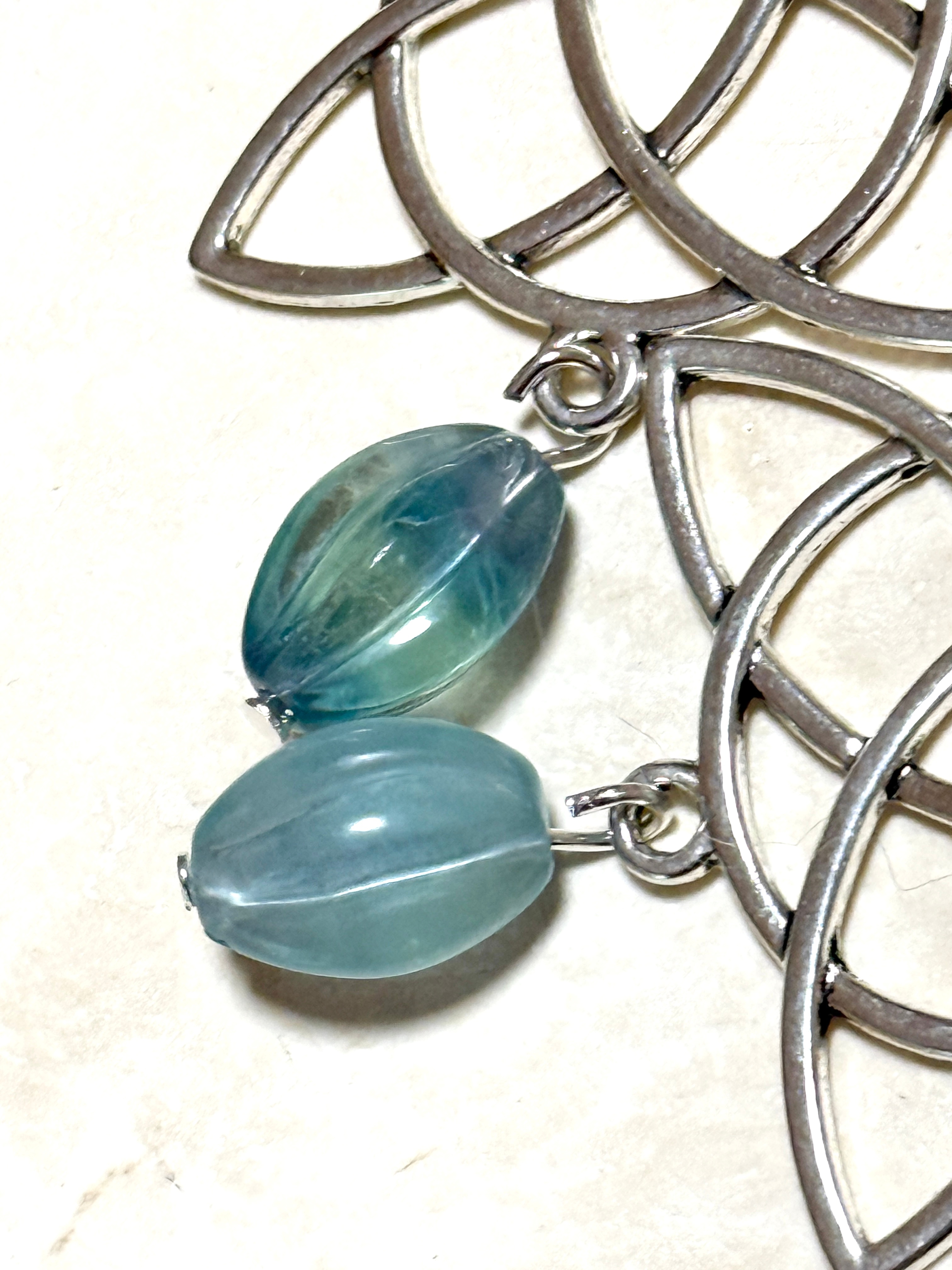 Teal Fluorite Celtic Trinity Earrings, Sterling Silver Hooks - photo 3