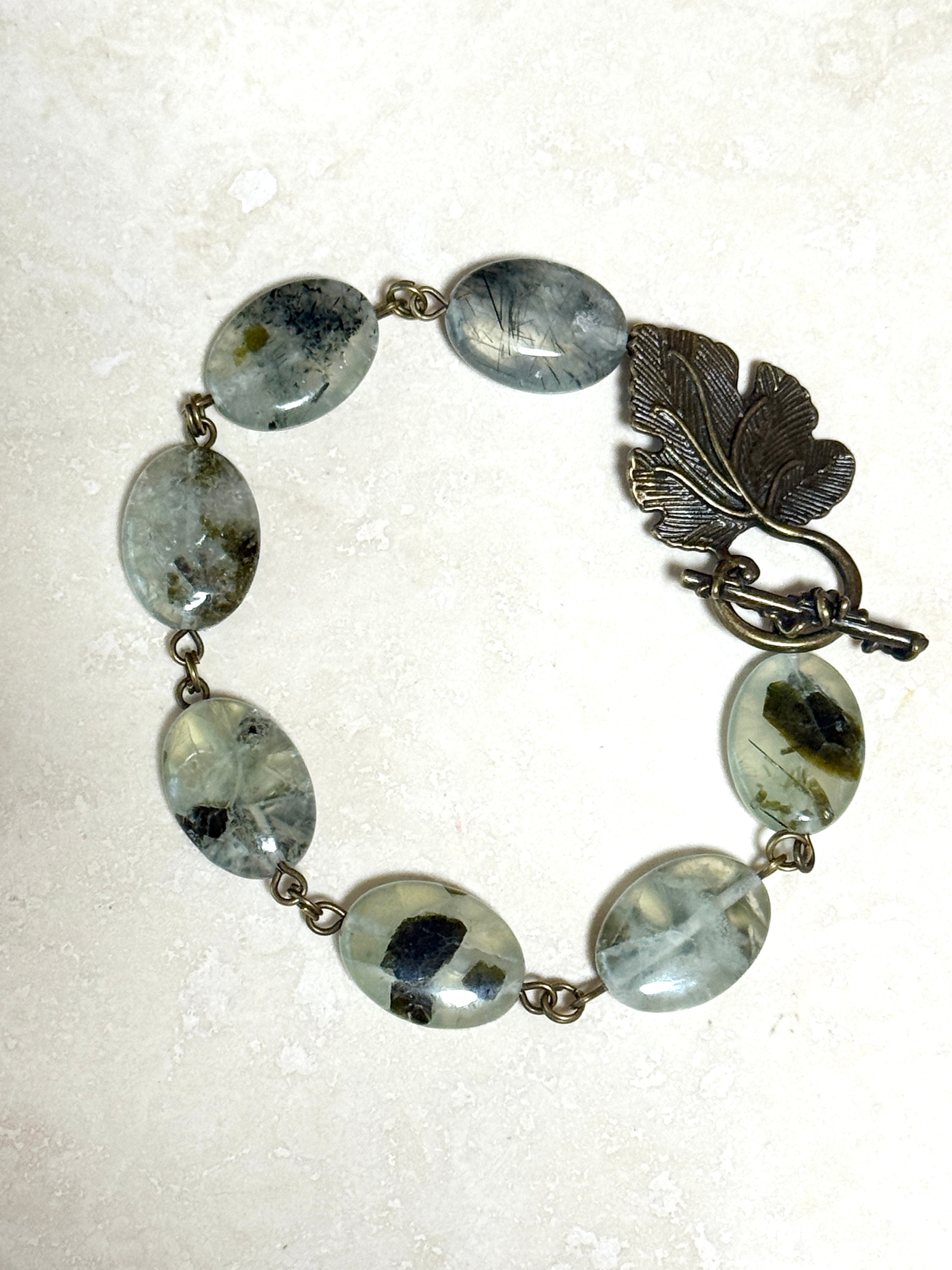 Green Prehnite Bracelet, Bronze Grape Leaf Toggle