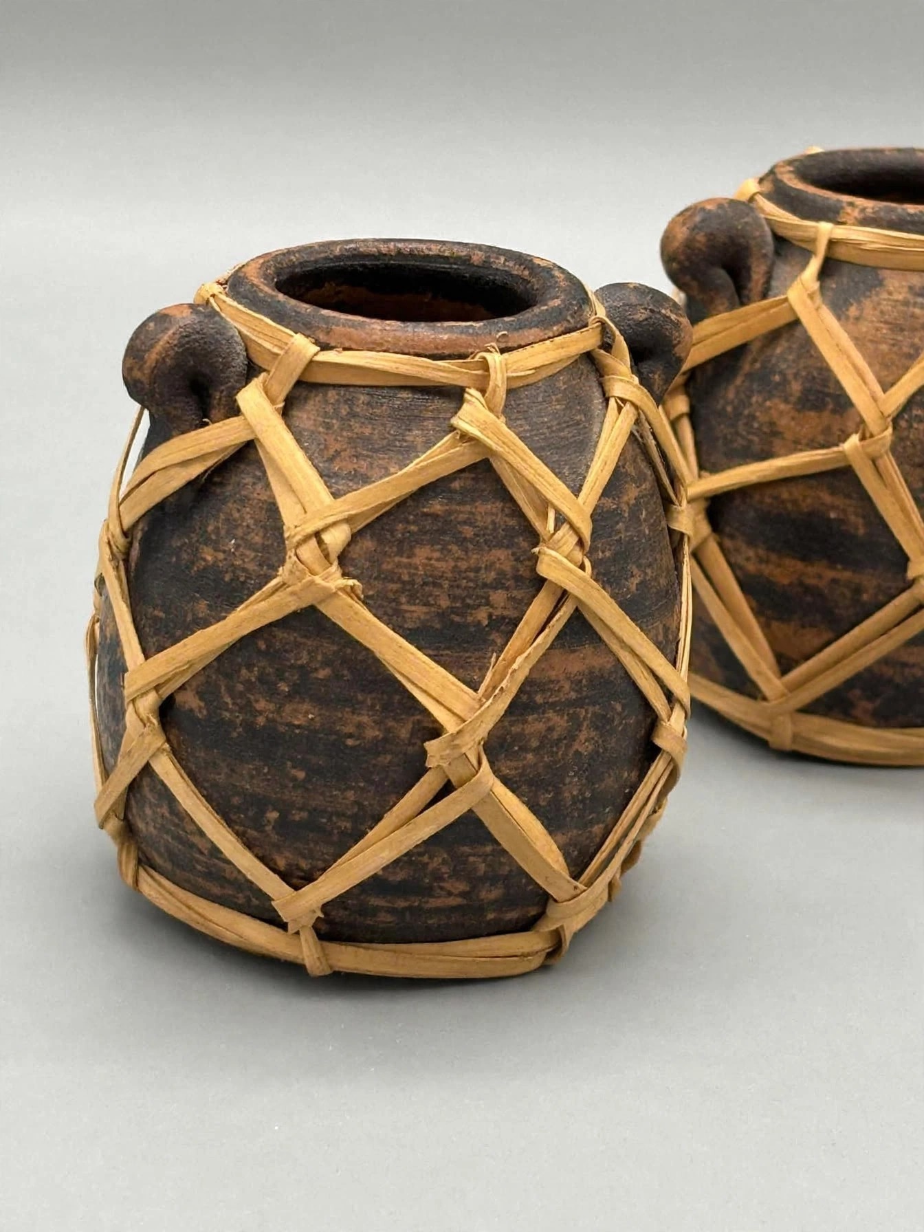 Pair Rustic Pottery Jars Woven Wicker Casing Vases - photo 2