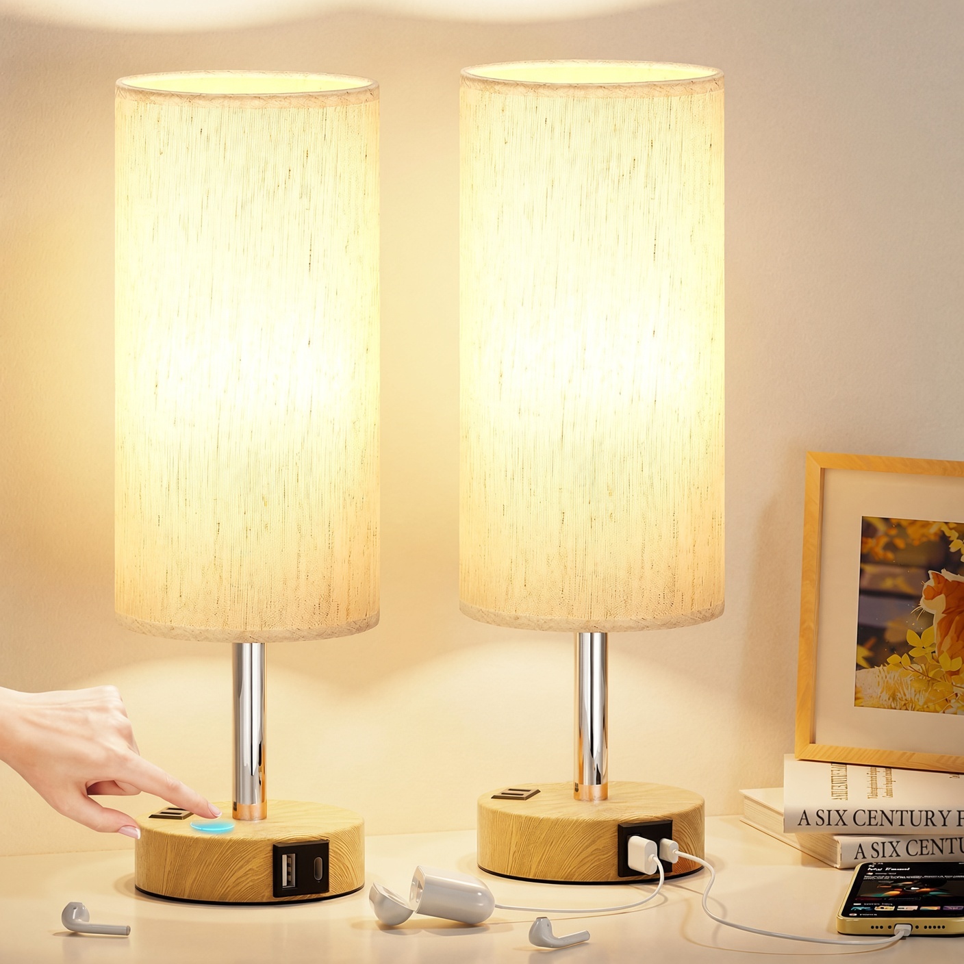 2 Touch Bedside Lamps w/ USB-C Charging – $40 for Both