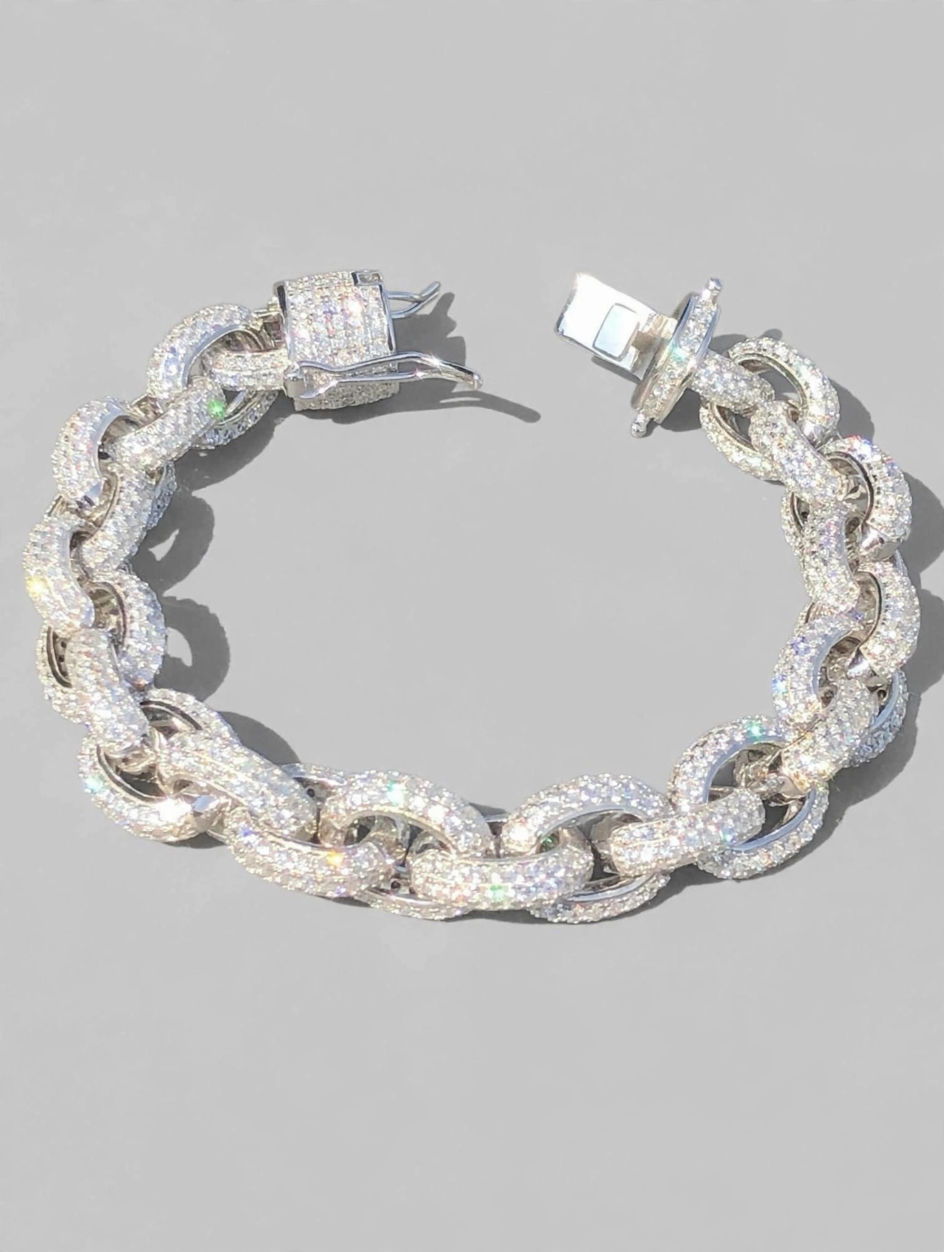 Iced-Out CZ Rolo Link Bracelet 925 Sterling Silver 8.25in
