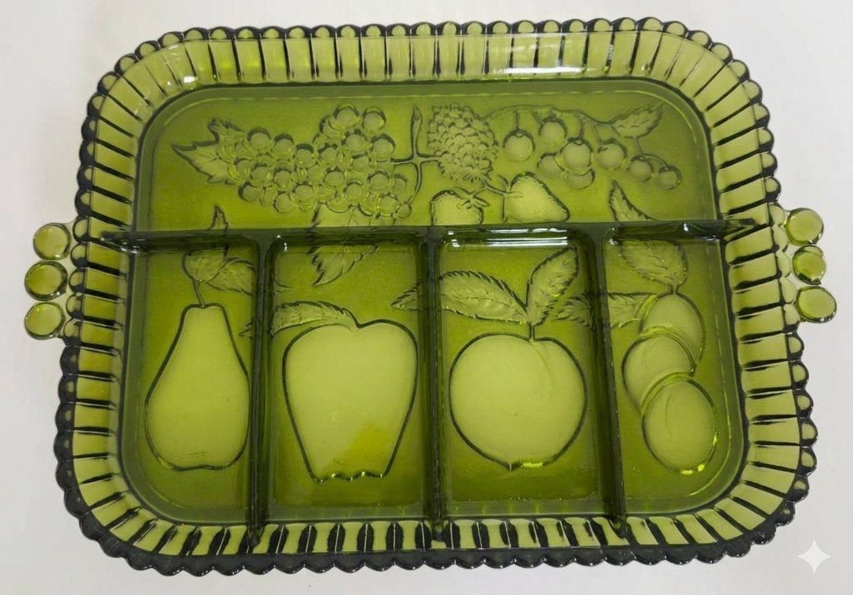 Vintage Indiana Glass Avocado Green Divided Serving Dish