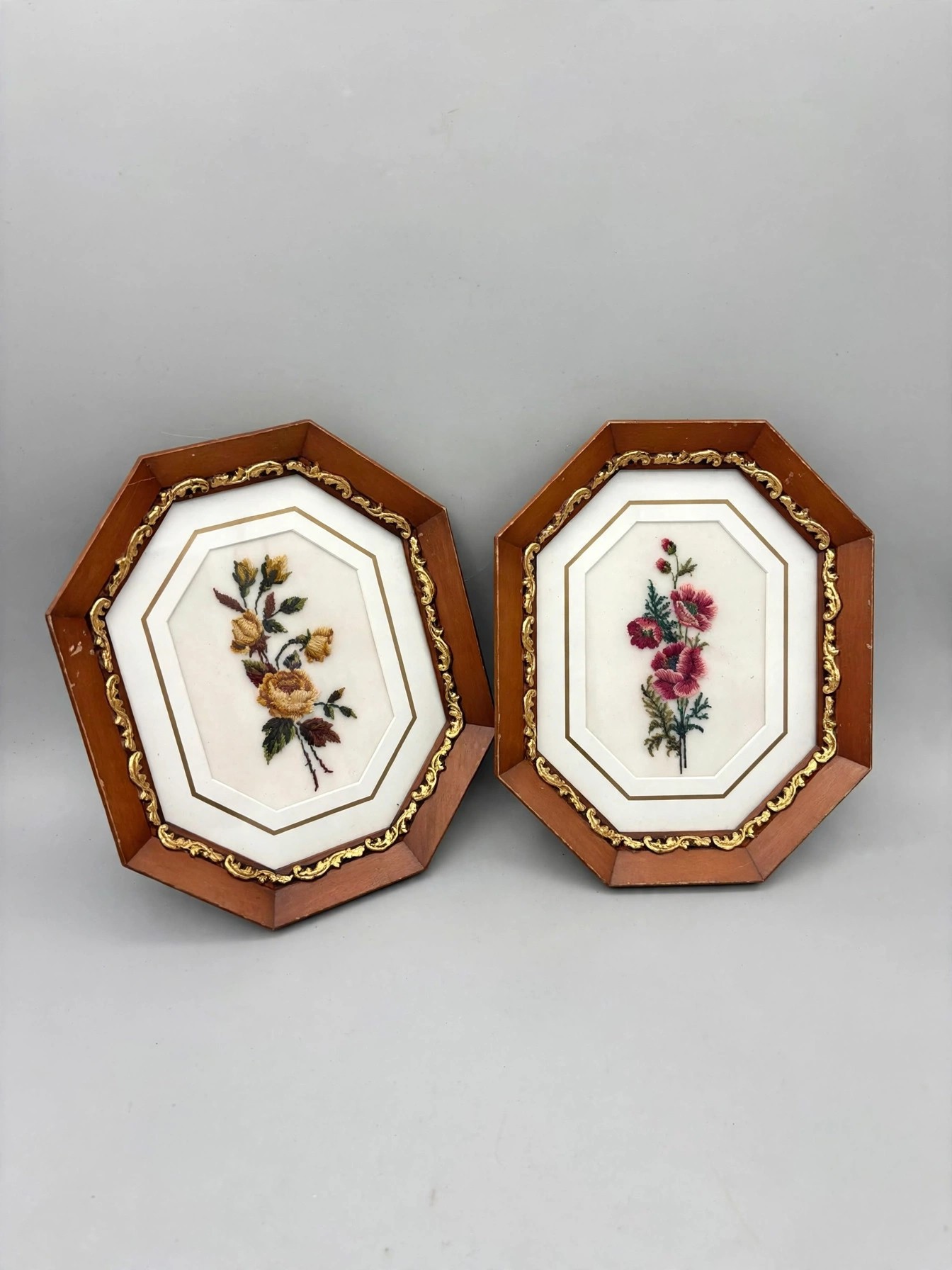 Vintage Floral Needlepoint Framed Art Set of 2 Octagonal