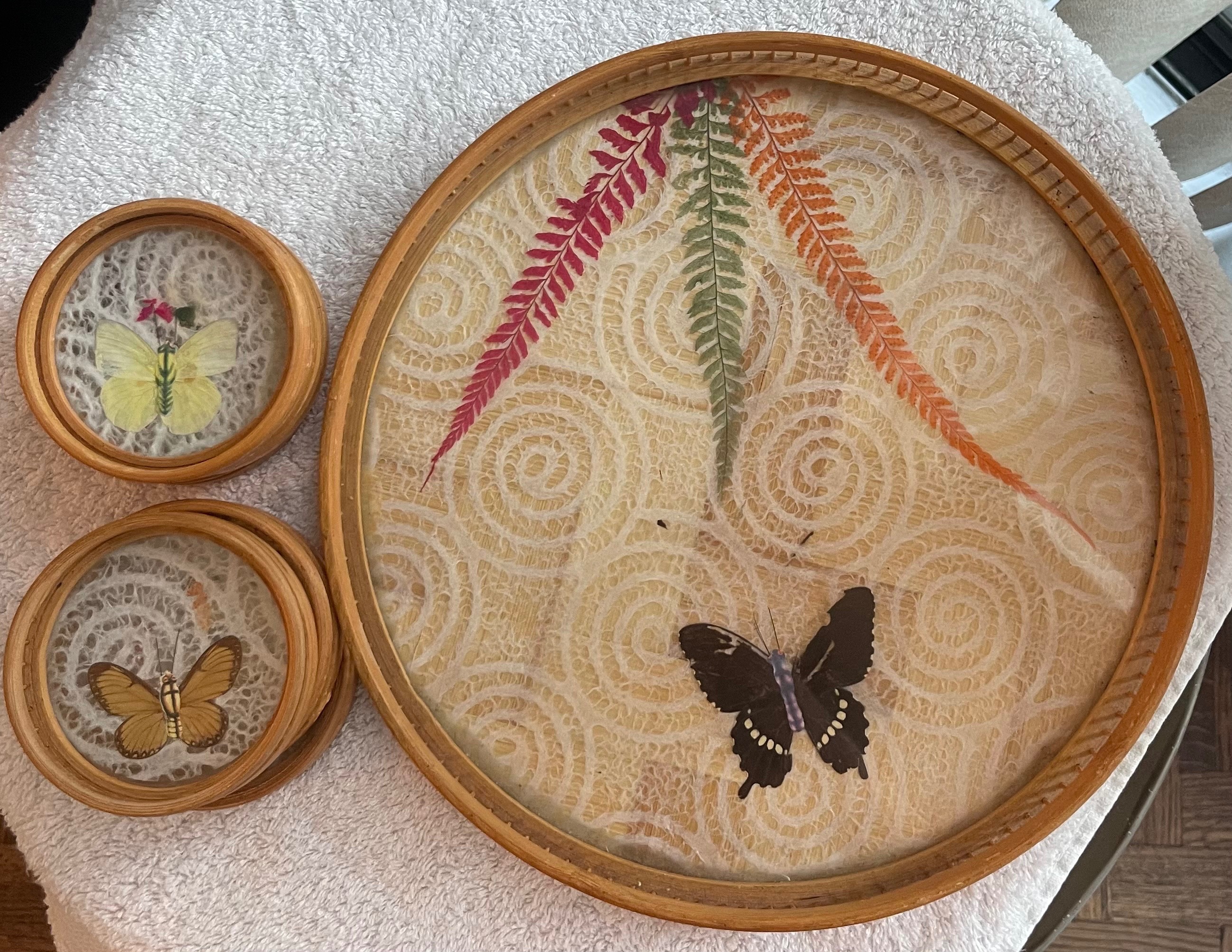 Vintage 1970s Real Butterfly Bamboo Tray & 6 Coasters - photo 3