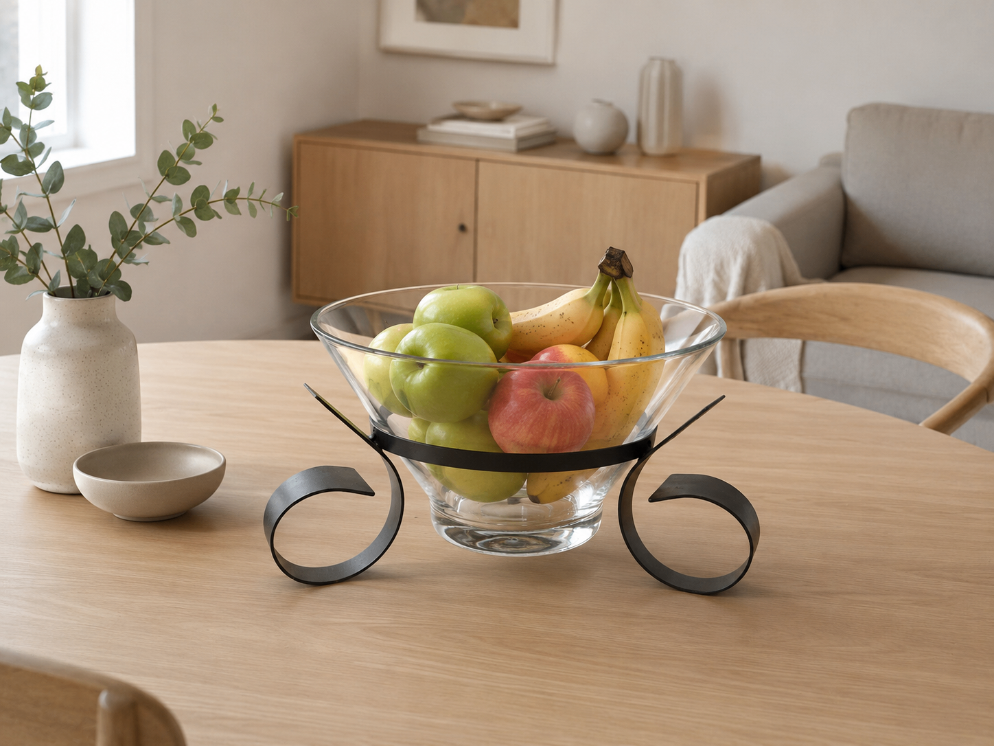 Modern Glass Fruit Bowl / Decorative Centerpiece w/ Metal Stand