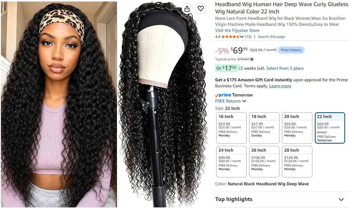 NEW~ 100% Human Hair Headband Wig – 22" Deep Wave - photo 5