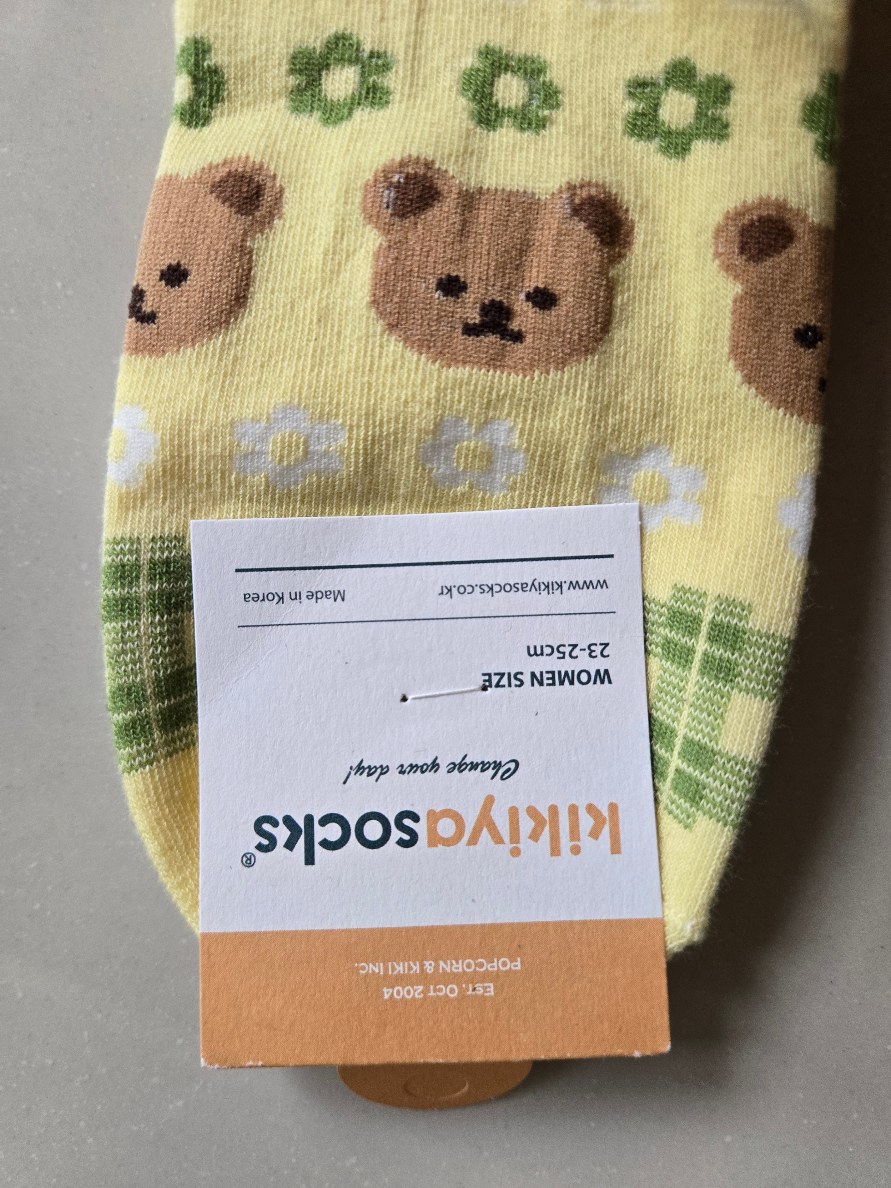 Korean Cute Bear Yellow Socks Green Flower - photo 3