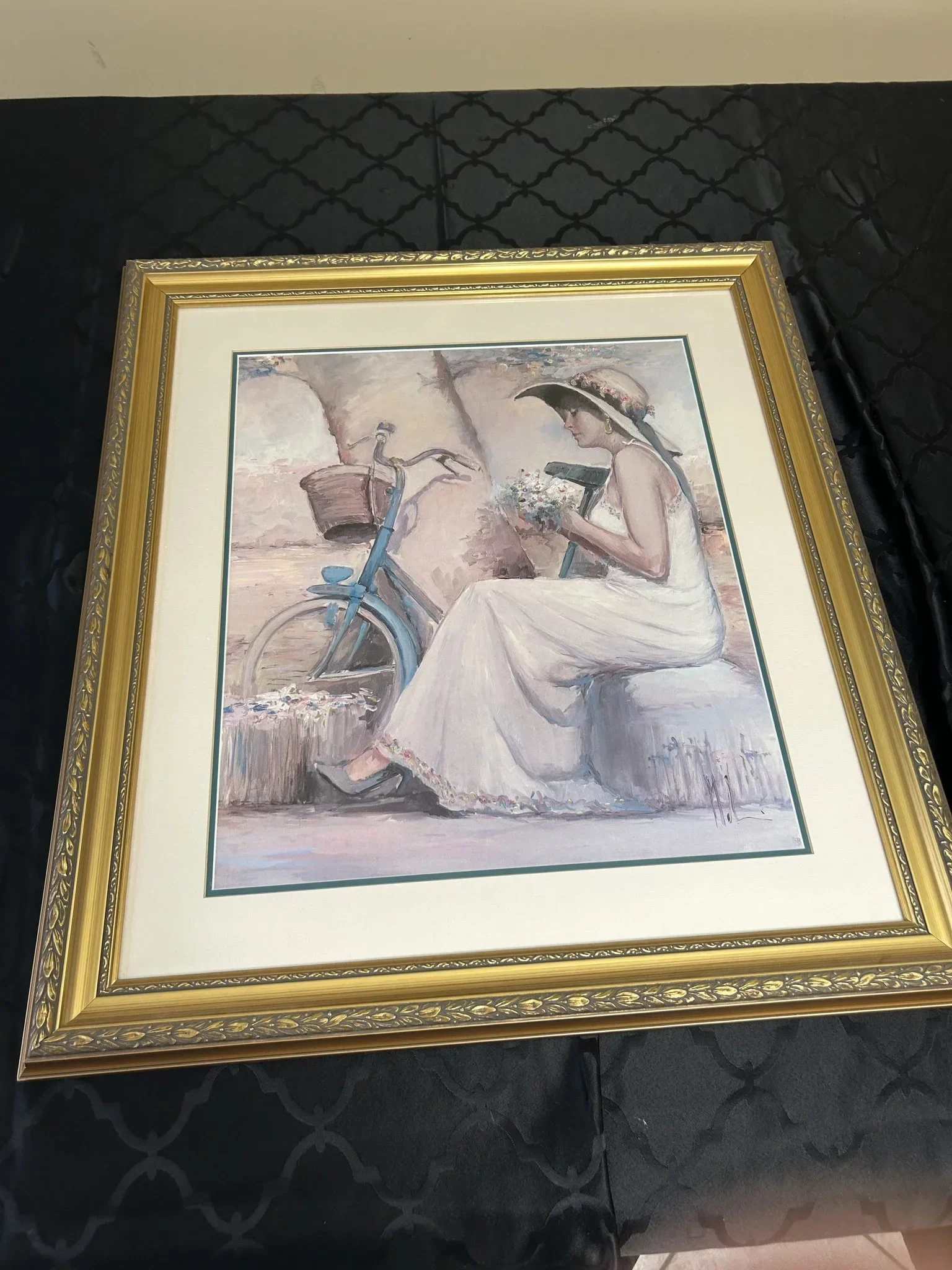 Framed Art Print Woman with Bicycle Gold Frame