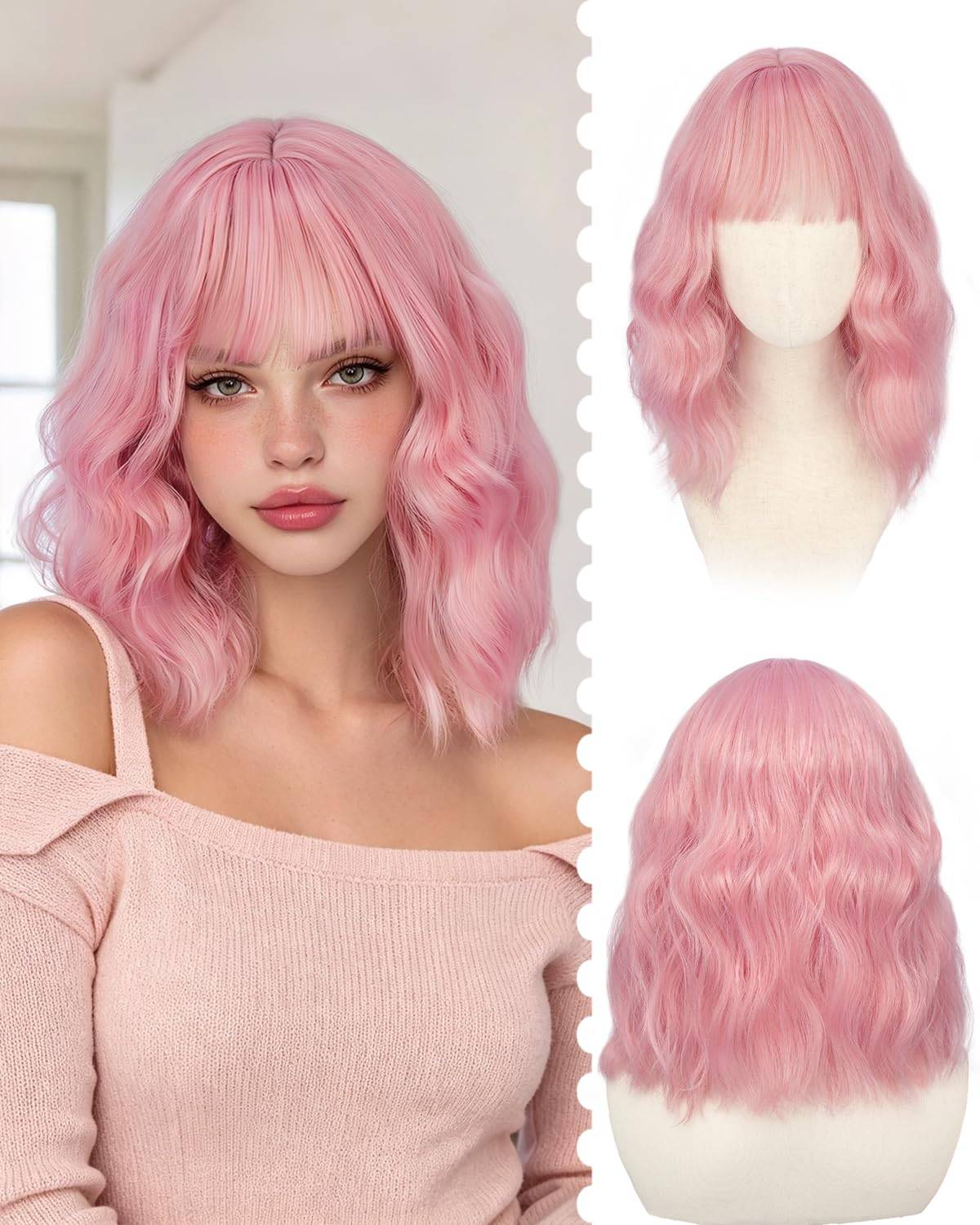 NEW~ Pink Wavy Wig with Bangs – 14" Short